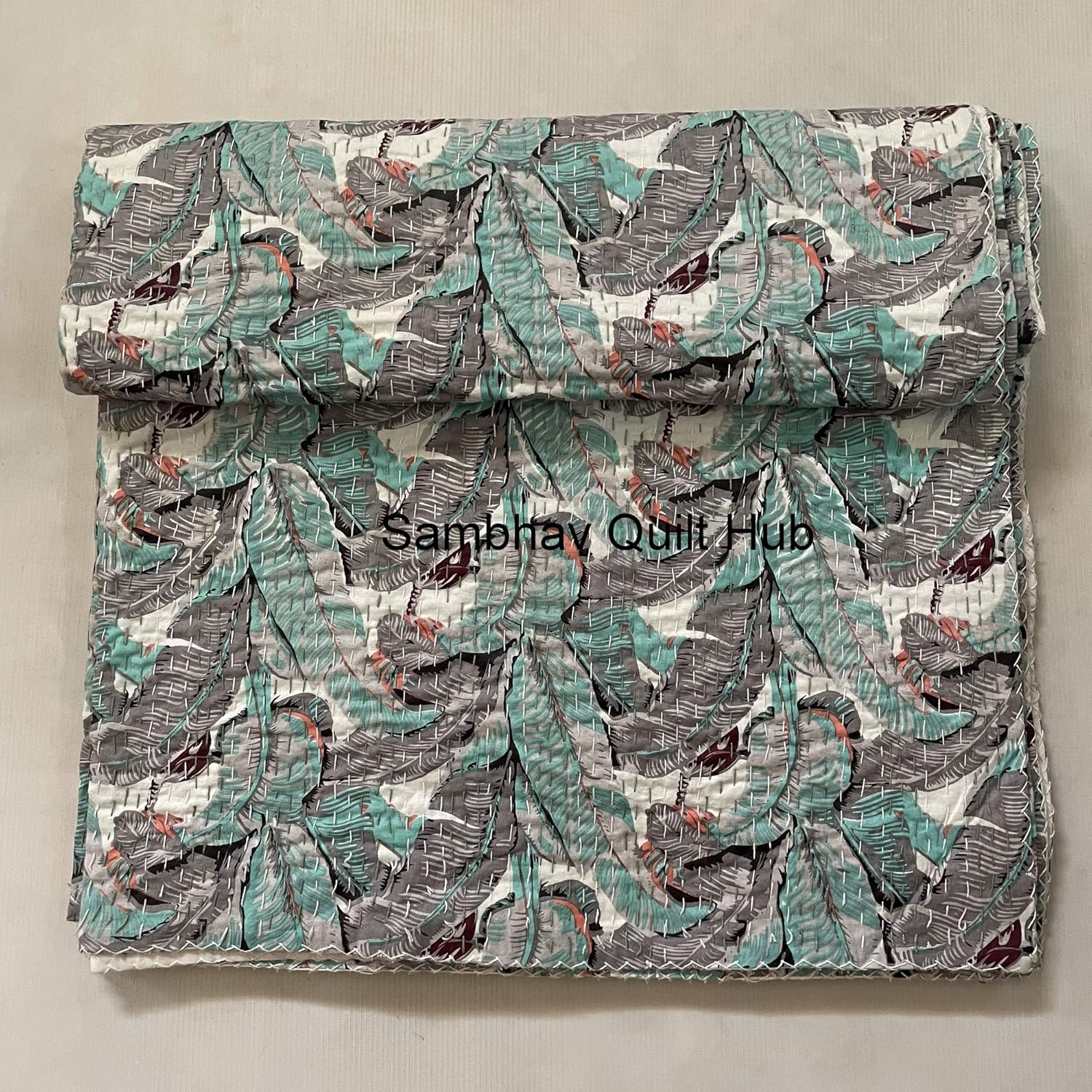 White Fresh Leaves Tropical Handmade King Kantha Floral Monstera Plant Banana Leaves Pattern Printed Kantha Quilt Bohemain Boho Hippie Bedding Throw Blanket (Queen/King 90X108 inch)