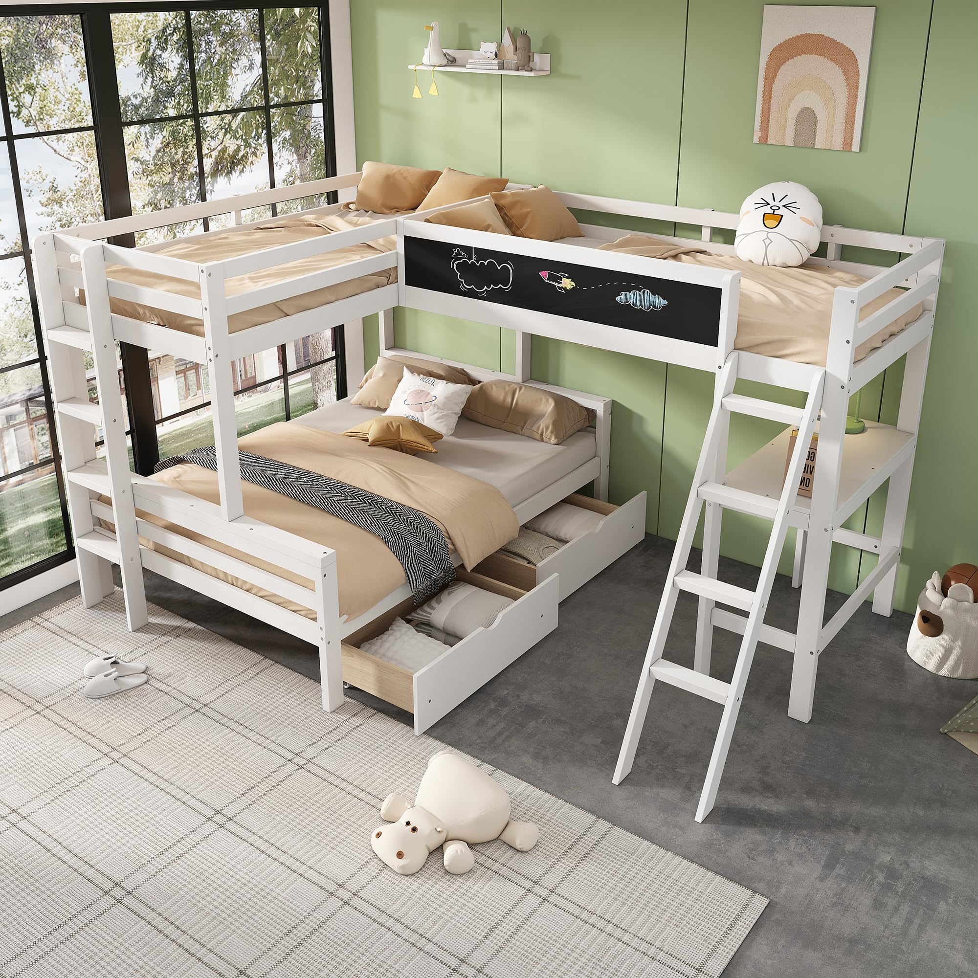 Letto a soppalco a 3 posti letto, scrivania, scaffale, letto a castello per 3 bambini con cassetti e scale, in legno di pino, 140 x 200 cm + 90 x 200 cm, colori: bianco e rovere