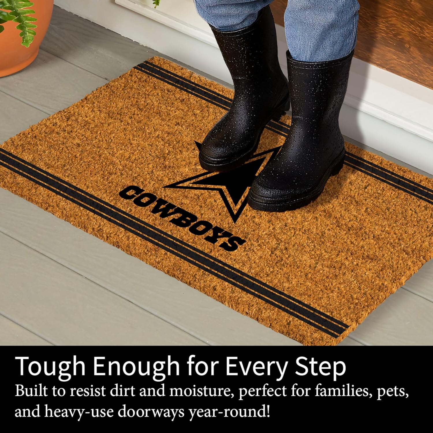 NFL Dallas Cowboys Natural Coir Door Mat, Indoor and Outdoor Entryway, 28 x 16 Inches, Non Slip Back, Welcome Floor Mats, Muddy Dog Paws, Front Door Entrance Home Décor
