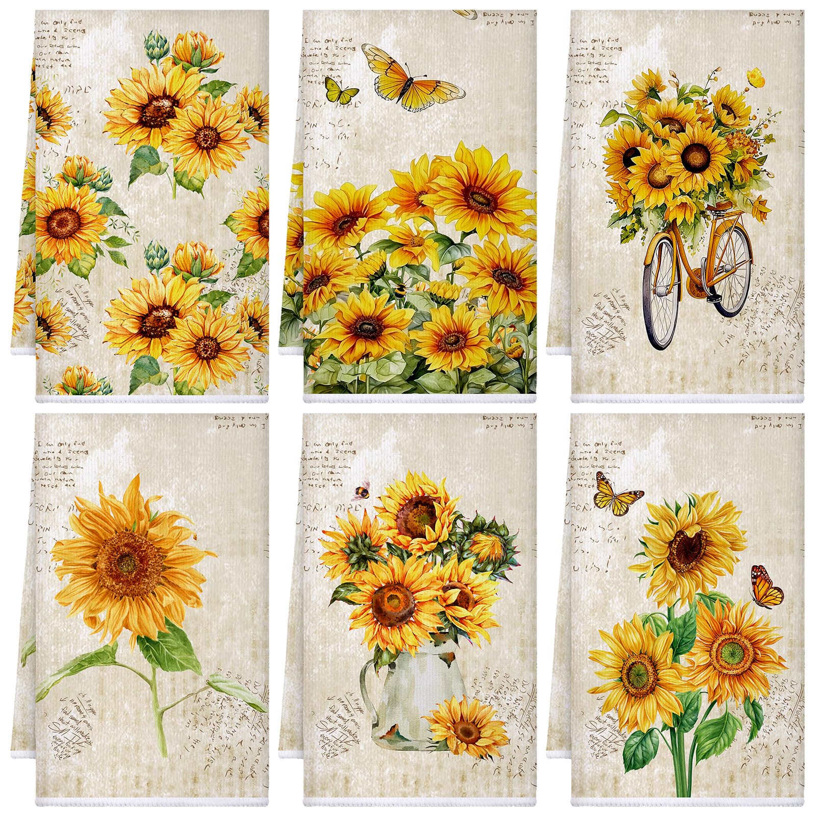 Torchons de cuisine absorbants et durables à motif tournesol | Lot de 6