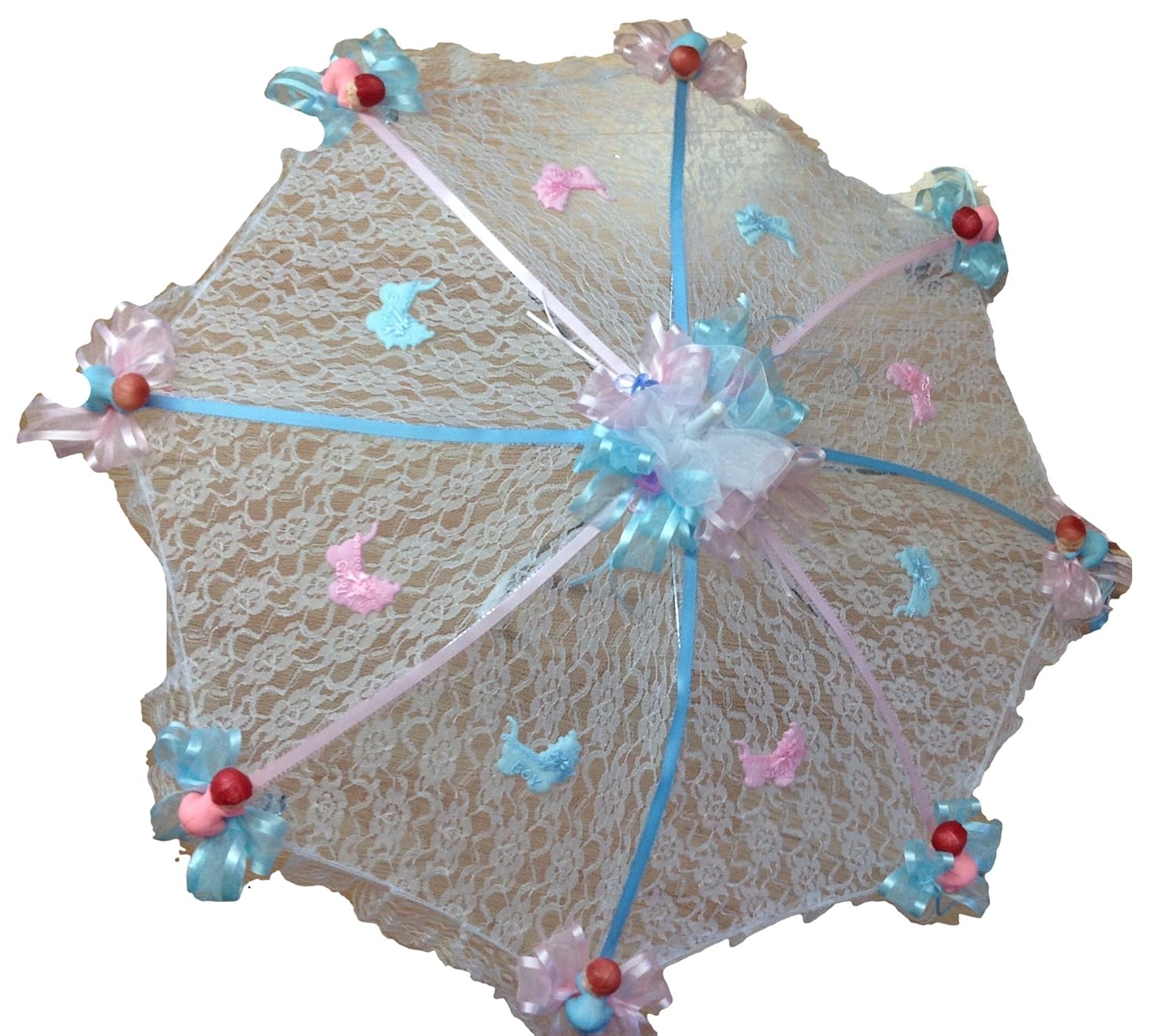 Decorated Baby Shower White Lace Umbrella Parasol 36" Pink and Blue Ribbons
