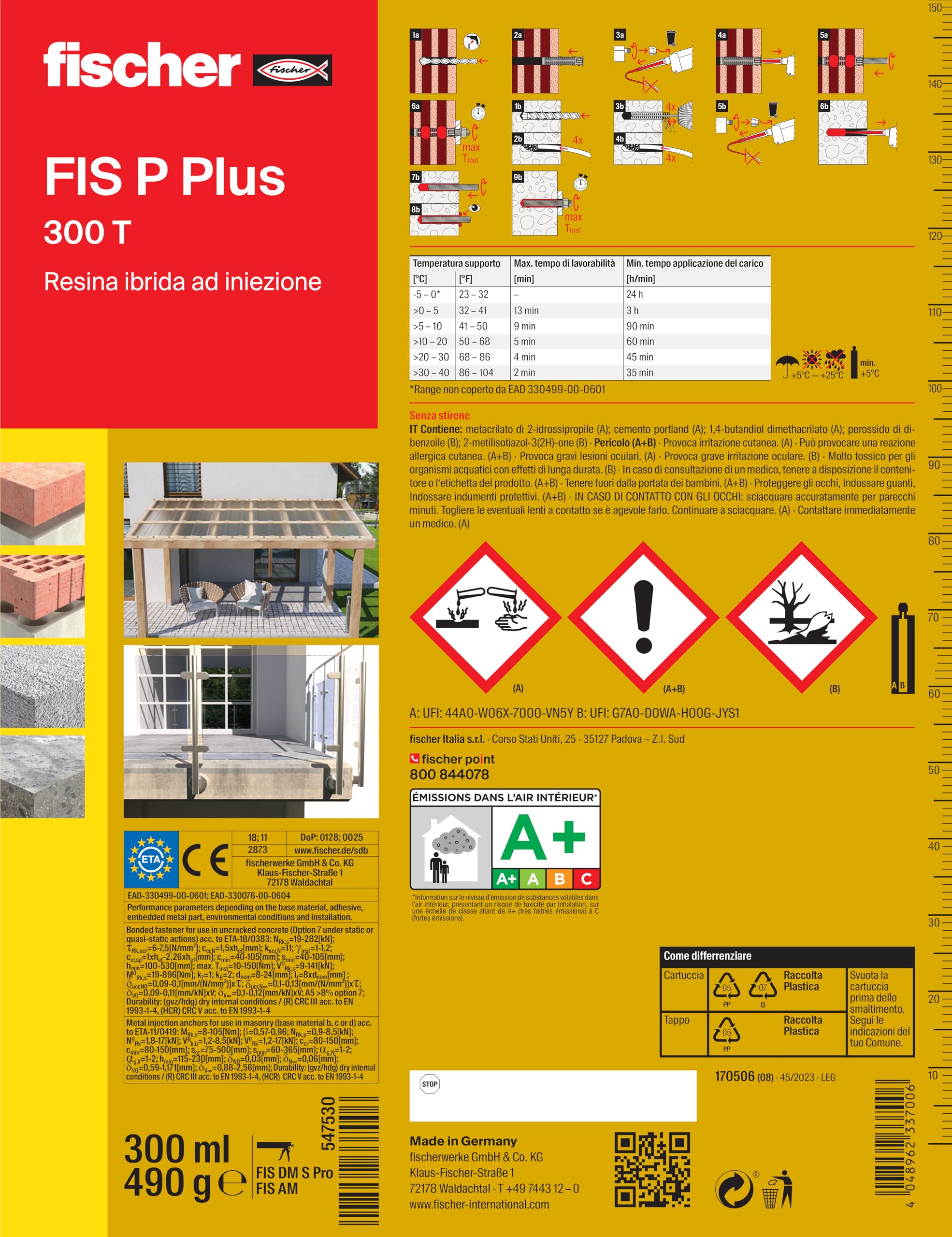 Fischer Bi-Pack Cheville Chimique FIS P Plus 300 T, Ancre Résine Polyester pour Fixation Rideaux de Soleil, Antenne TV, Escaliers en béton, Brique perforée, 2 x 300 ml