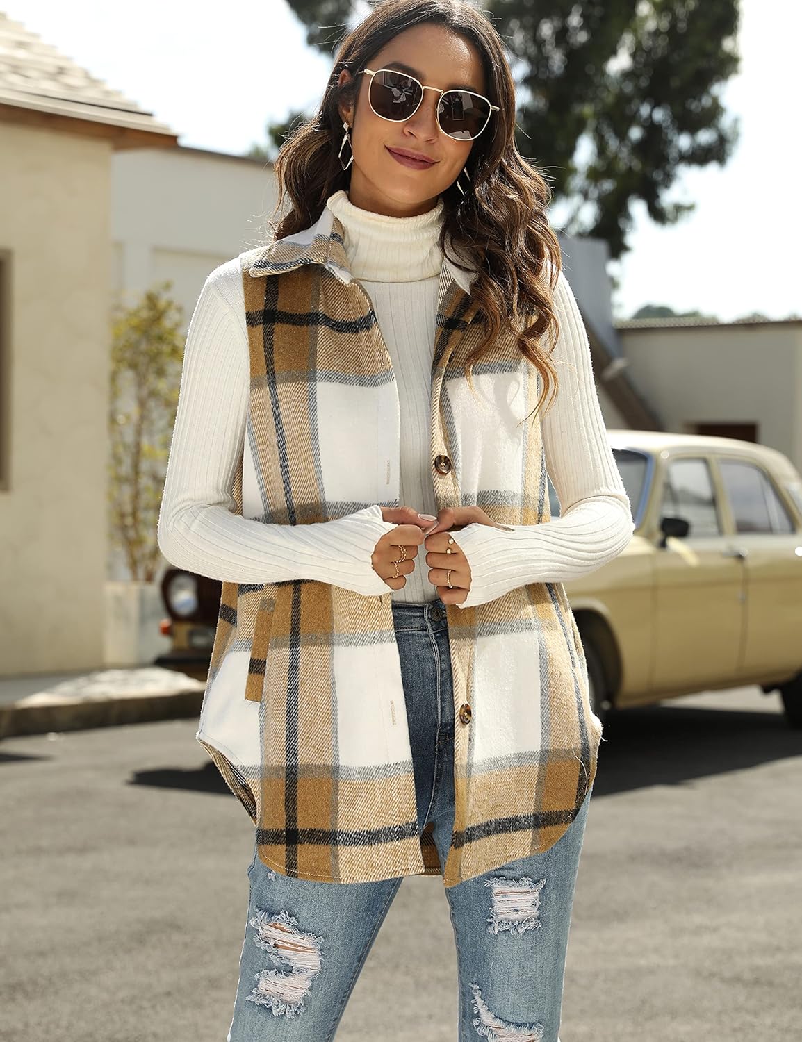 Tanming Women's Plaid Vest Brushed Flannel Sleeveless Shacket Shirt Jacket with Pockets - Image 3