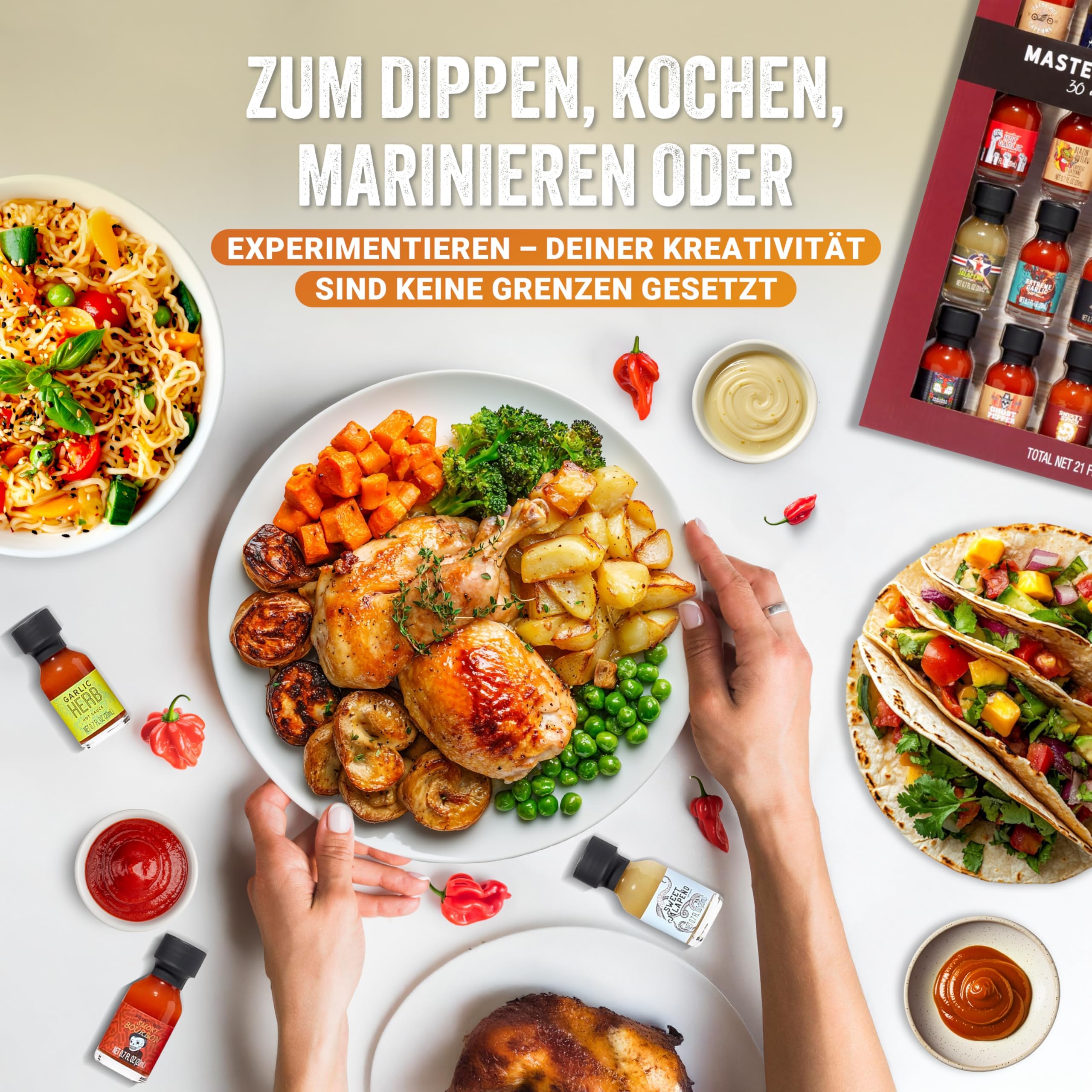Geschenkset mit 30 scharfen Soßen – Chili Saucen Probierset 20 ml