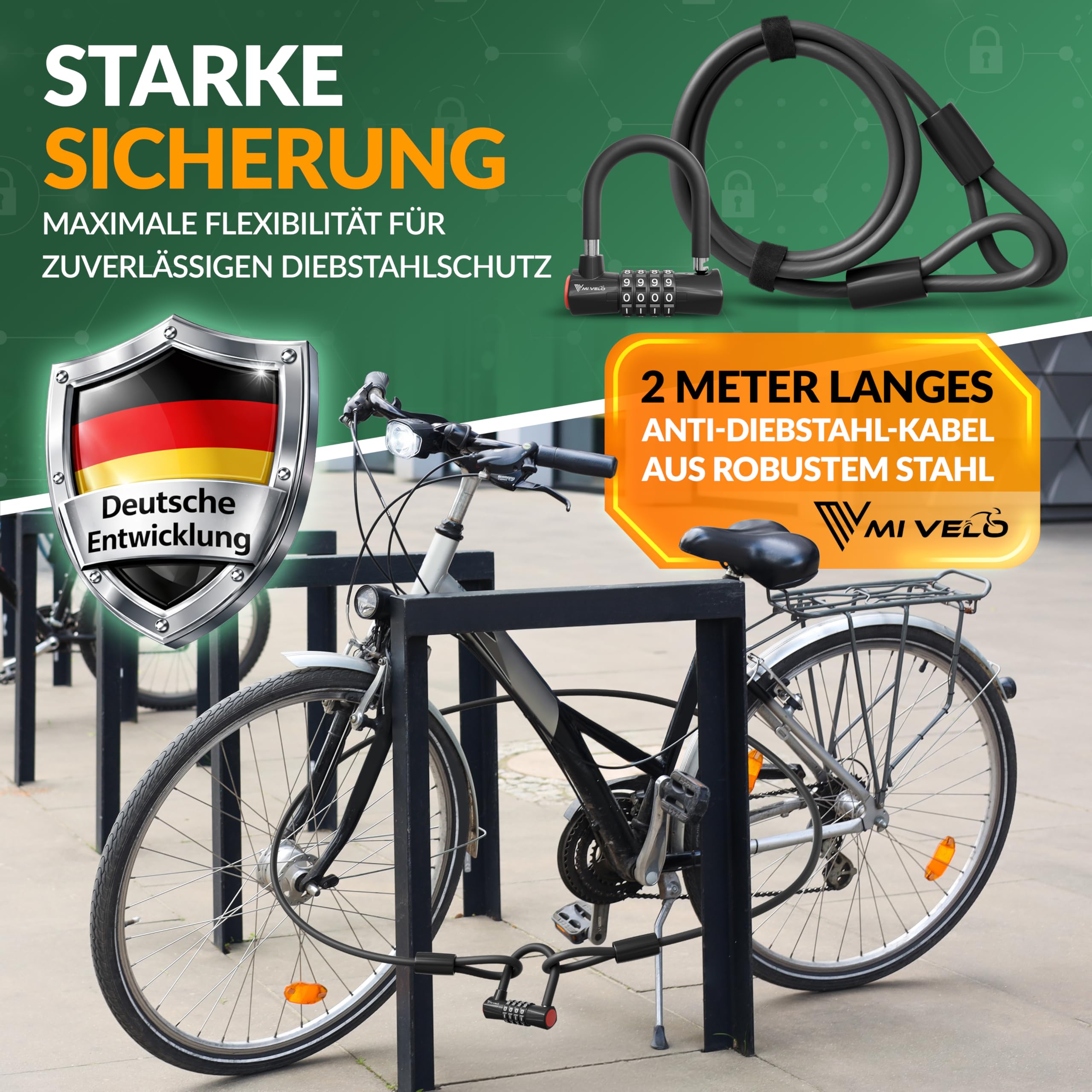 MIVELO Fahrradschloss Kabelschloss 2M lang mit Zahlencode - Schloss mit Stahlkabel für Fahrrad, Gartenmöbel uvm. - 200cm Zahlenschloss mit 10.000 möglichen Kombinationen (2 Meter mit Zahlencode)