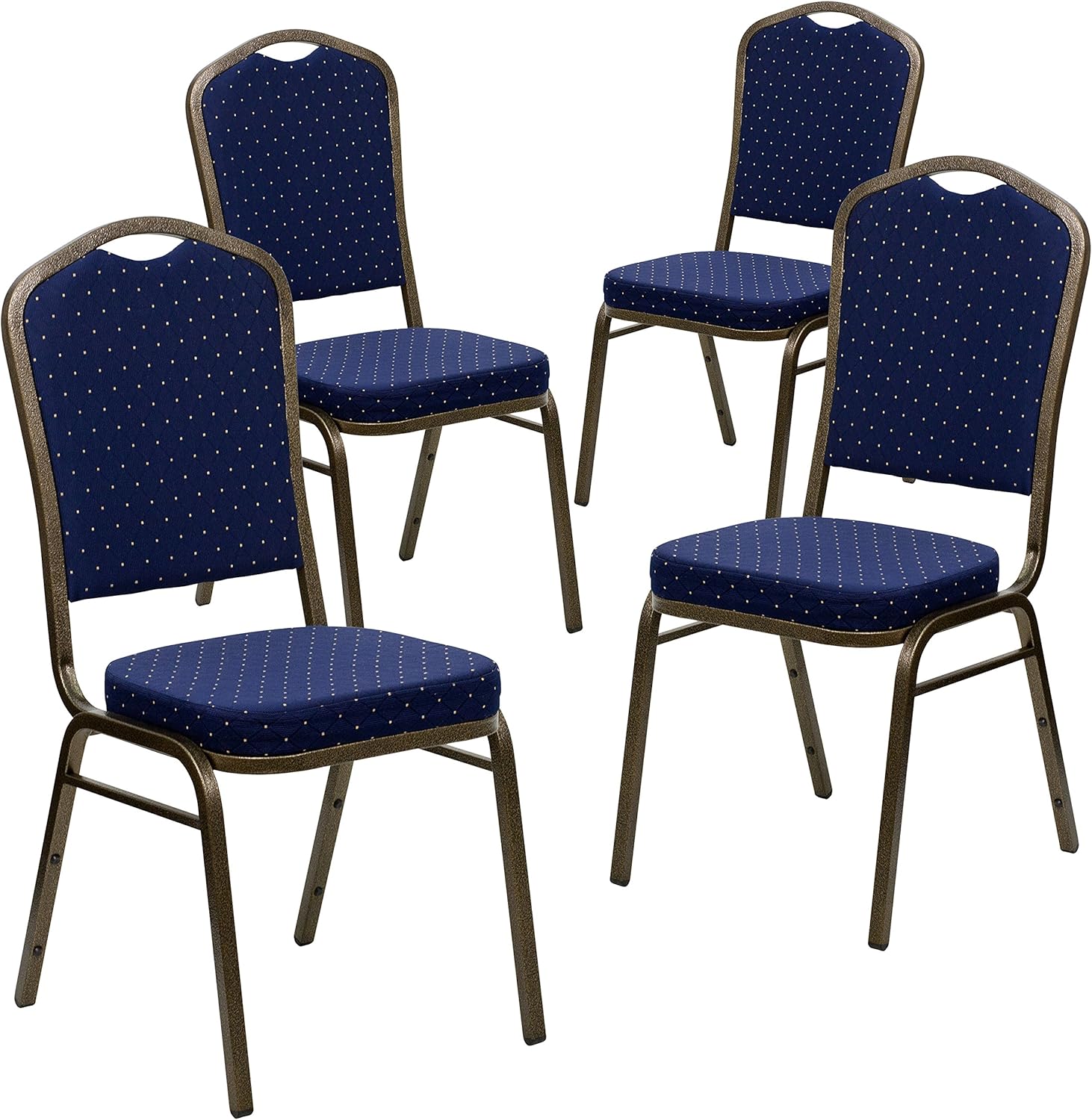 EMMA + OLIVER 4 Pack Crown Back Banquet Stack Chair in Navy Blue Dot Fabric-Gold Vein Frame Navy Blue Dot Patterned Fabric/Gold Vein Frame