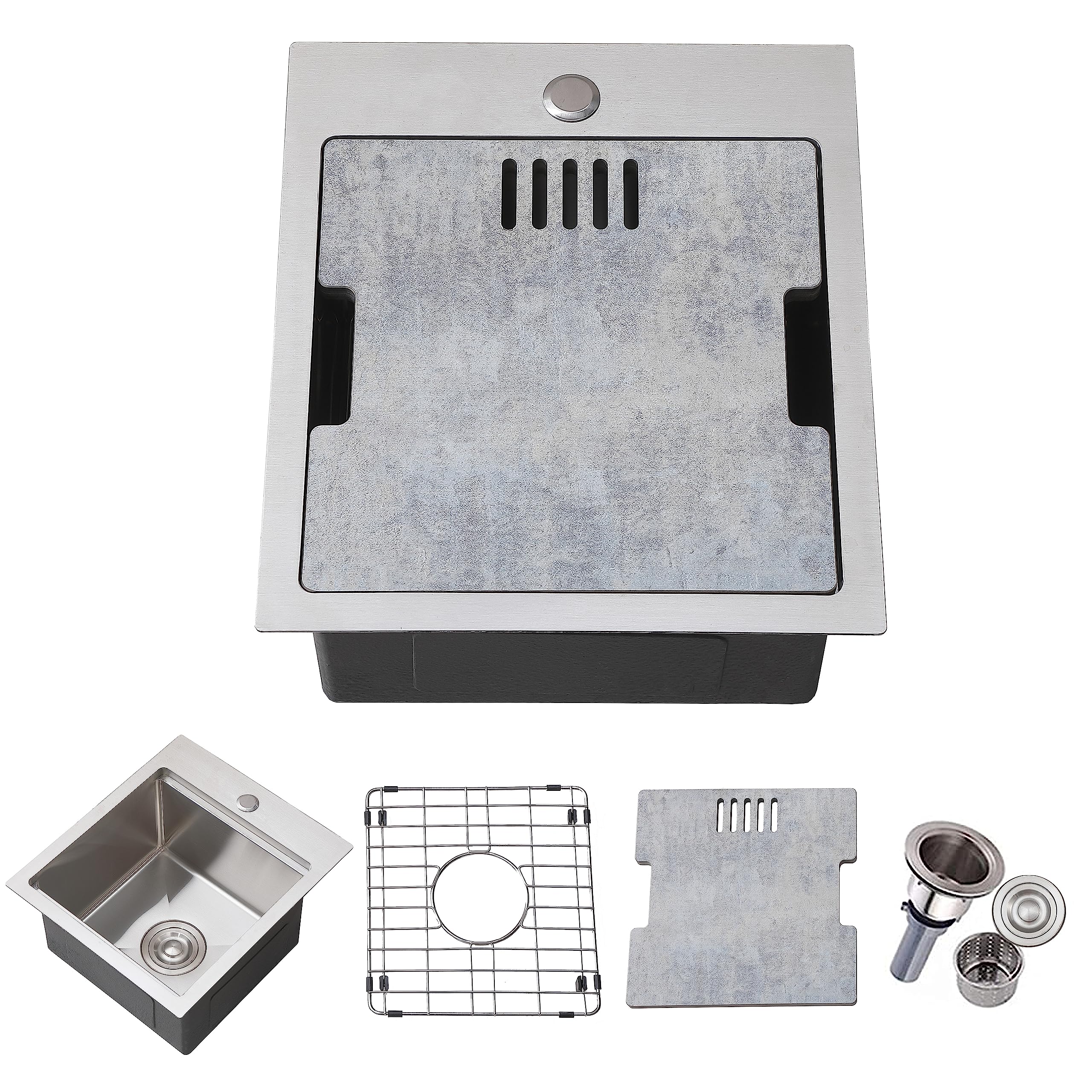 Comllen15x15 inch Bar Sink Drop In 304 Stainless Steel Topmount Small Workstation Kitchen, Single Basin Sink for Wet Bar Prep RV Yard Office with Dish Grid & Drain & Cutting Board