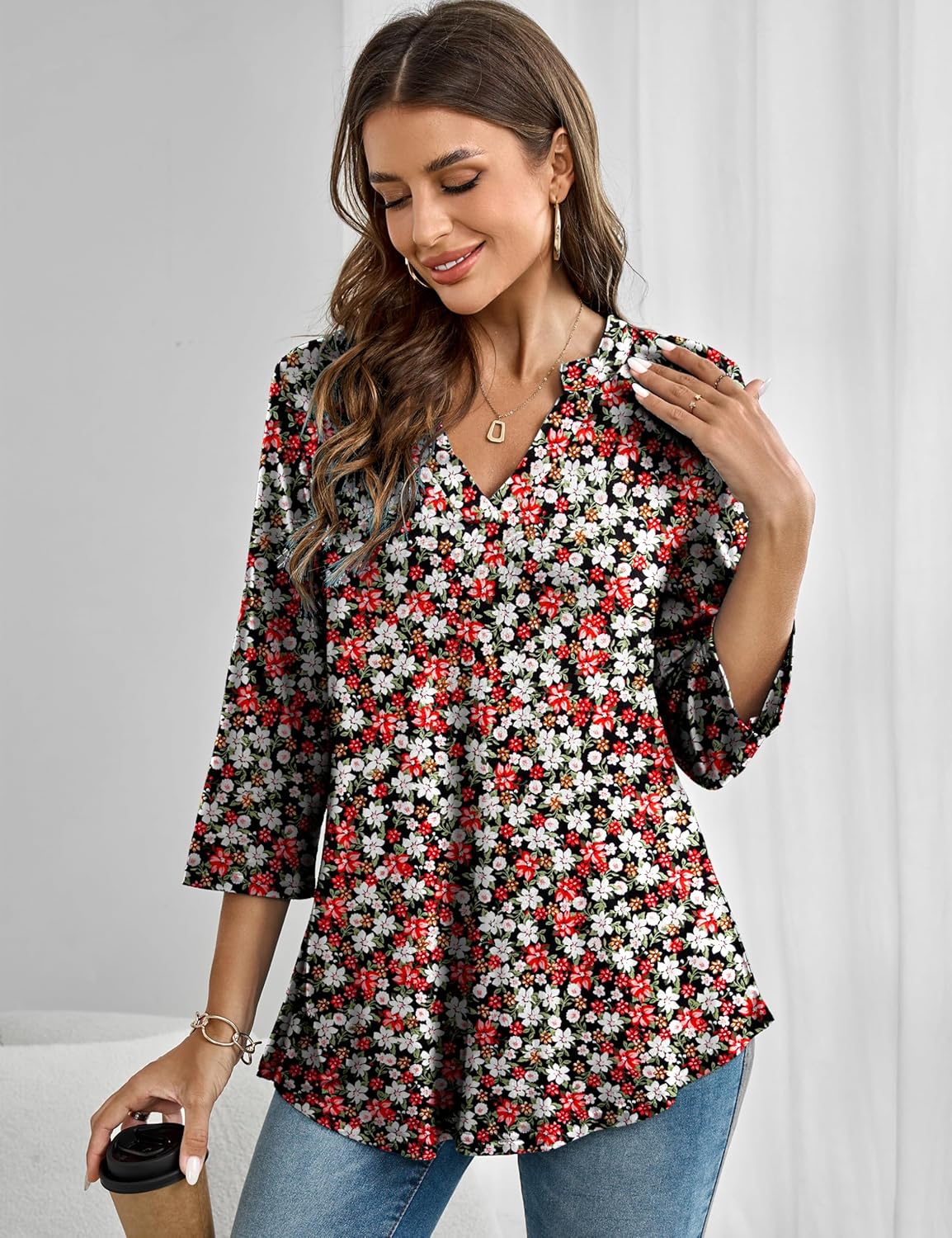 Women's Plus Size Tops 3/4 Roll Sleeve Blouses V Neck Tunic Tops - Image 5