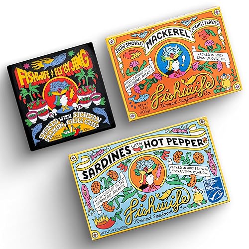 Fishwife Spicy Hot Trio (FBJ Salmón, Caballa, Sardinas con Pimiento Picante) Paquete de 3  Sin gluten, alto en proteínas  Atrapado en la naturaleza