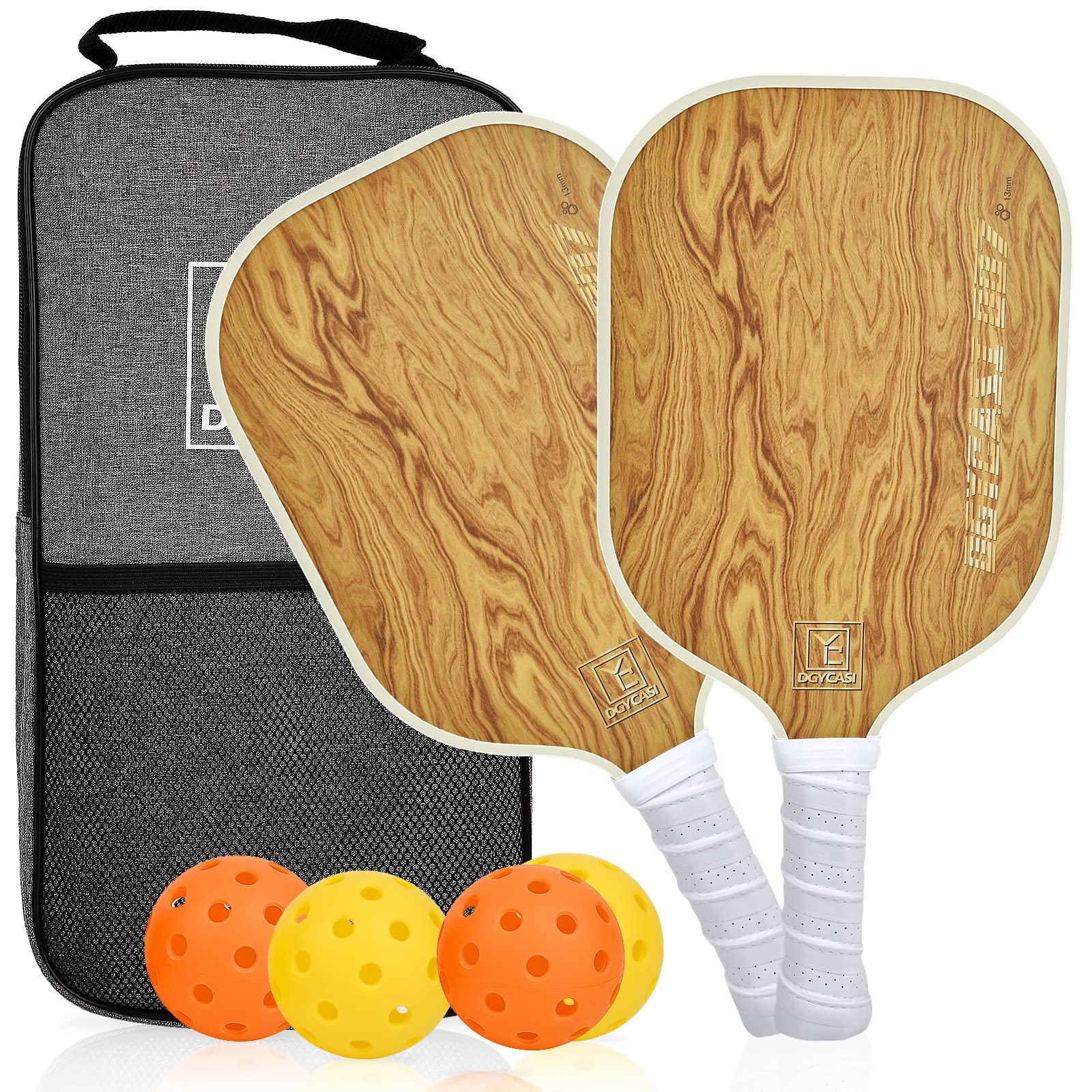 13 mm Pickleball Paddles Set of 2, 2023 USAPA Approved, Carbon Fiber Surface (CHS), Polypropylene Honeycomb Core, Anti-Slip Sweat-Absorbing Grip, 4 Pickleball, Portable Carry Bag (Wood Grain)