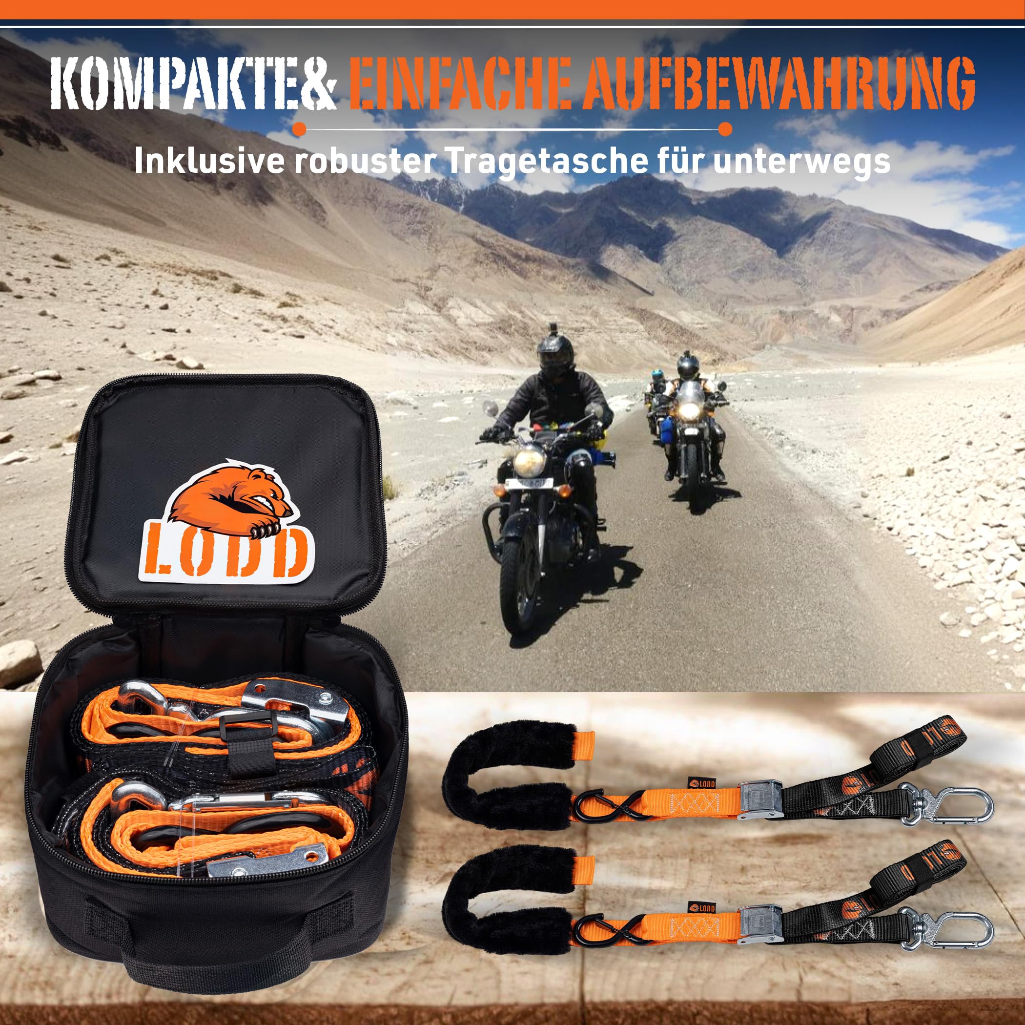 LODD - Motorrad-Spanngurte mit Hochfesten Schnallen, Fellschutz, Stahlkarabiner, Verstärkter Schnalle | 1100 kg, 38mm | Anhänger (Parent) (Schnalle/Drehkarabiner)