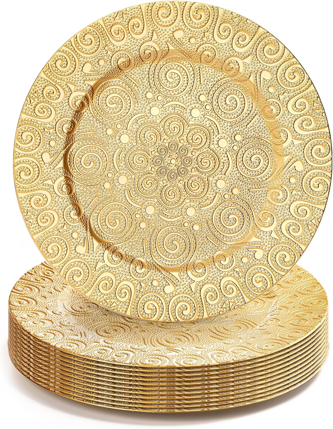 soujoy 12 pack gold charger plates, 13 inch plastic dinner plate, reusable round phoenix pattern elegant serve ware plates for weddings, parties, anniversary, thanksgiving