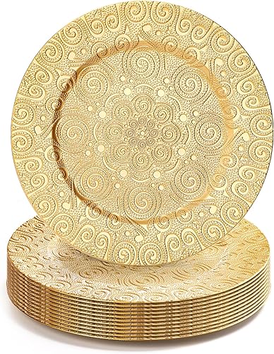 SOUJOY Paquete de 12 platos de carga dorados, platos llanos de plástico de 13 pulgadas, platos redondos reutilizables con patrón de fénix elegantes
