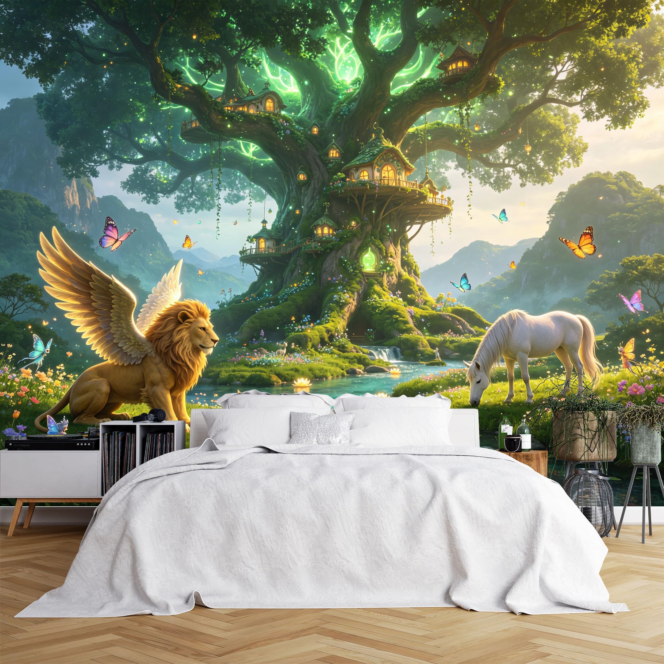 Custom Size Wall Murals Enchanted Forest with Glowing Treehouse and Unicorn Wallpaper, Full Wall Self-Adhesive Removable Wallpaper for Living Room, Kids Room