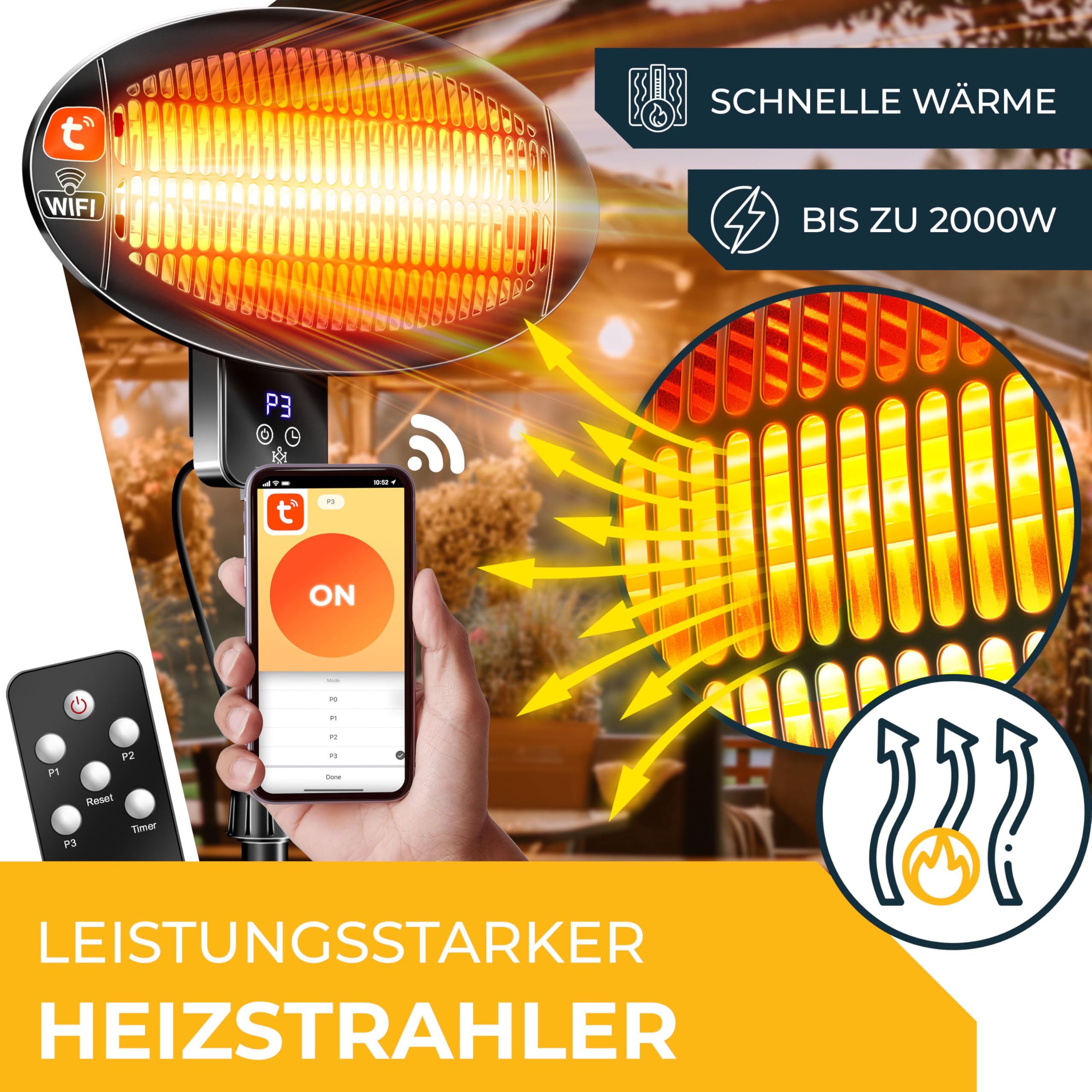 KESSER® Infrarot Heizstrahler 2000W Terrassenstrahler mit WIFI & Fernbedienung 360° drehbar, höhenverstellbar, Stand- & Wandmontage Kippschutz, IPX4 spritzwassergeschützt Wärmestrahler Balkon & Garten