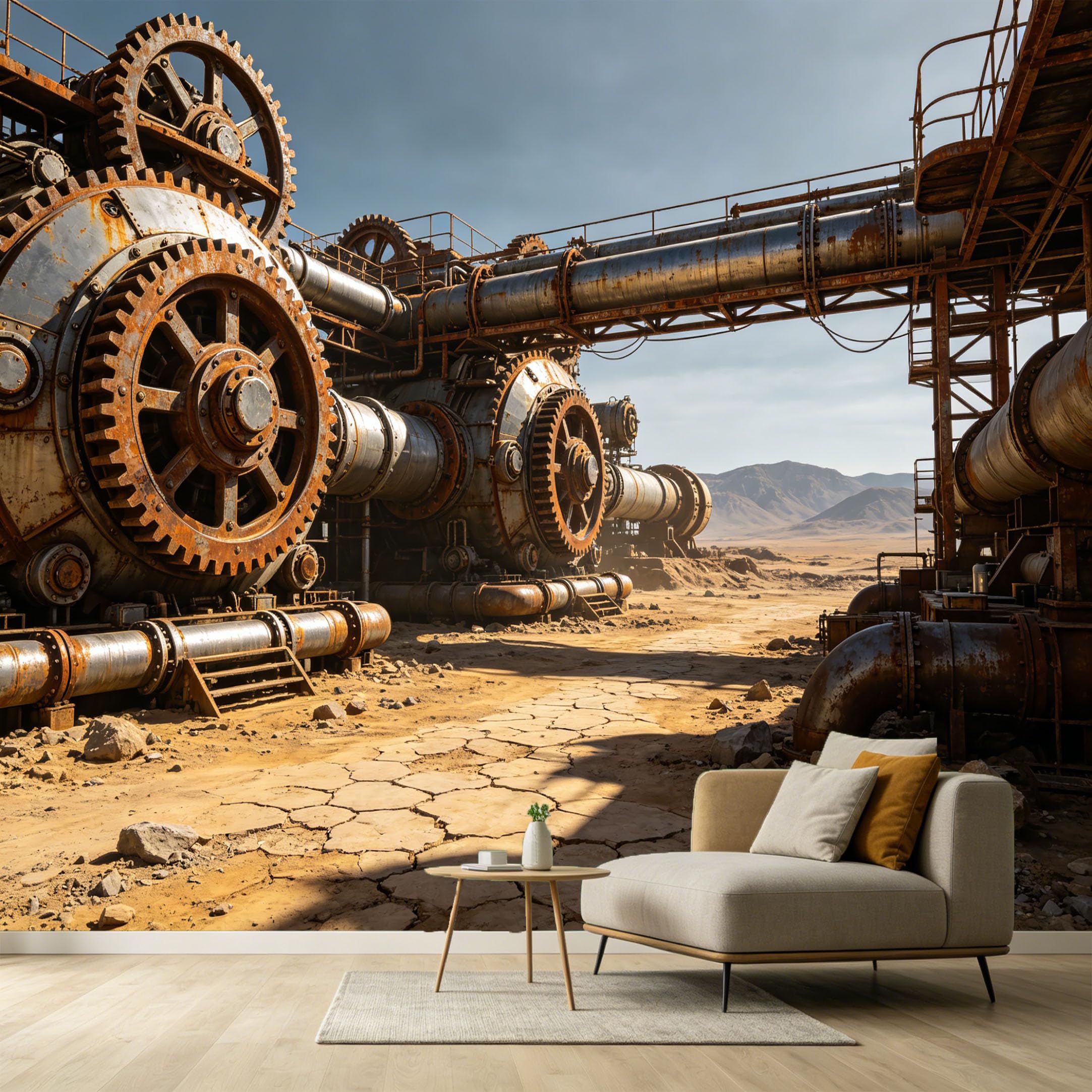 Custom Size Wall Murals Industrial Steampunk Mechanical Gear Pipes Desert Landscape SelfAdhesive Wall Fabric Removable Large Wallpaper for Photo Living Room
