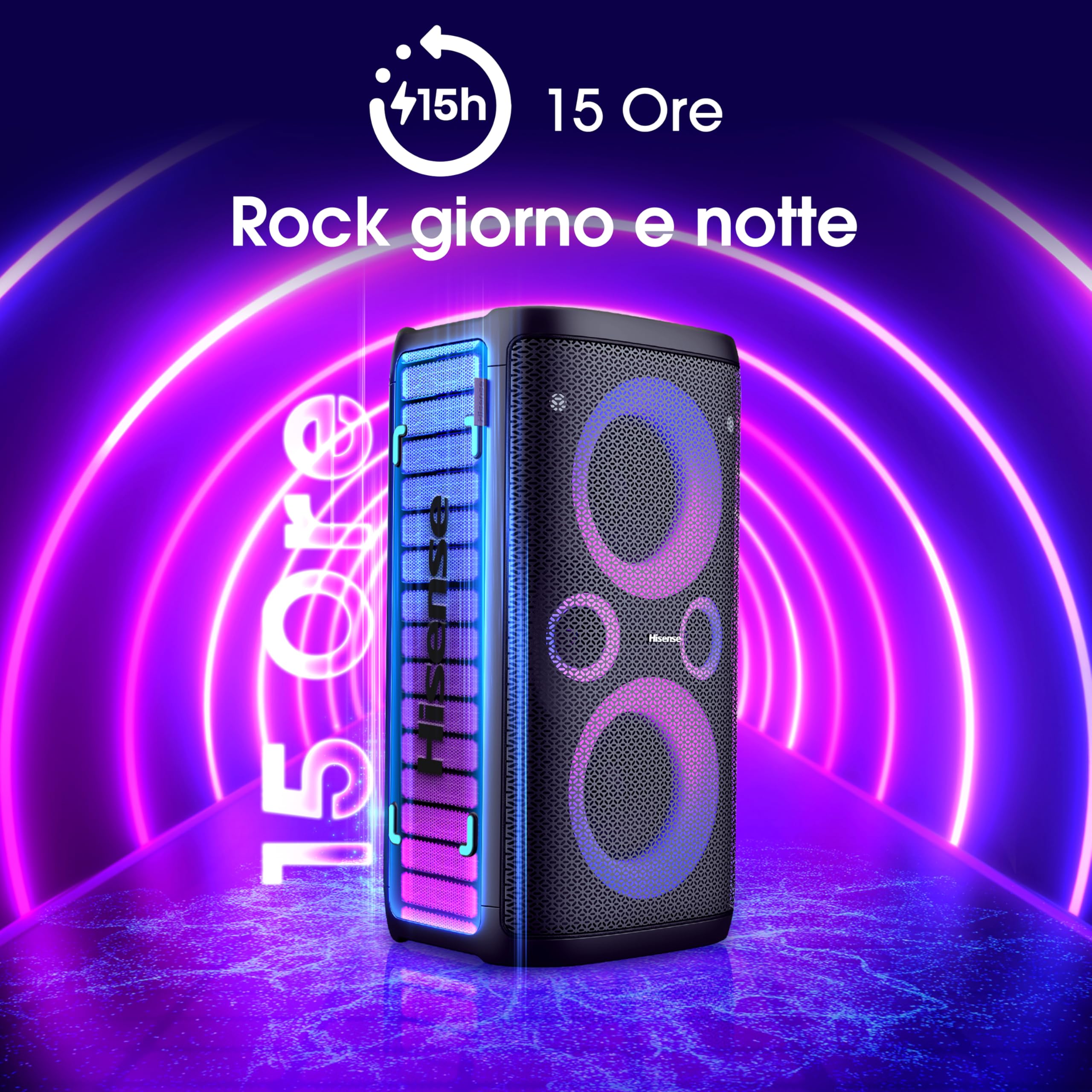 Hisense Party Rocker One, l'altoparlante Bluetooth con una potenza da 300W, woofer integrato,Modalita' Karaoke, wireless charging pad integrato, ingresso e uscita AUX, USB