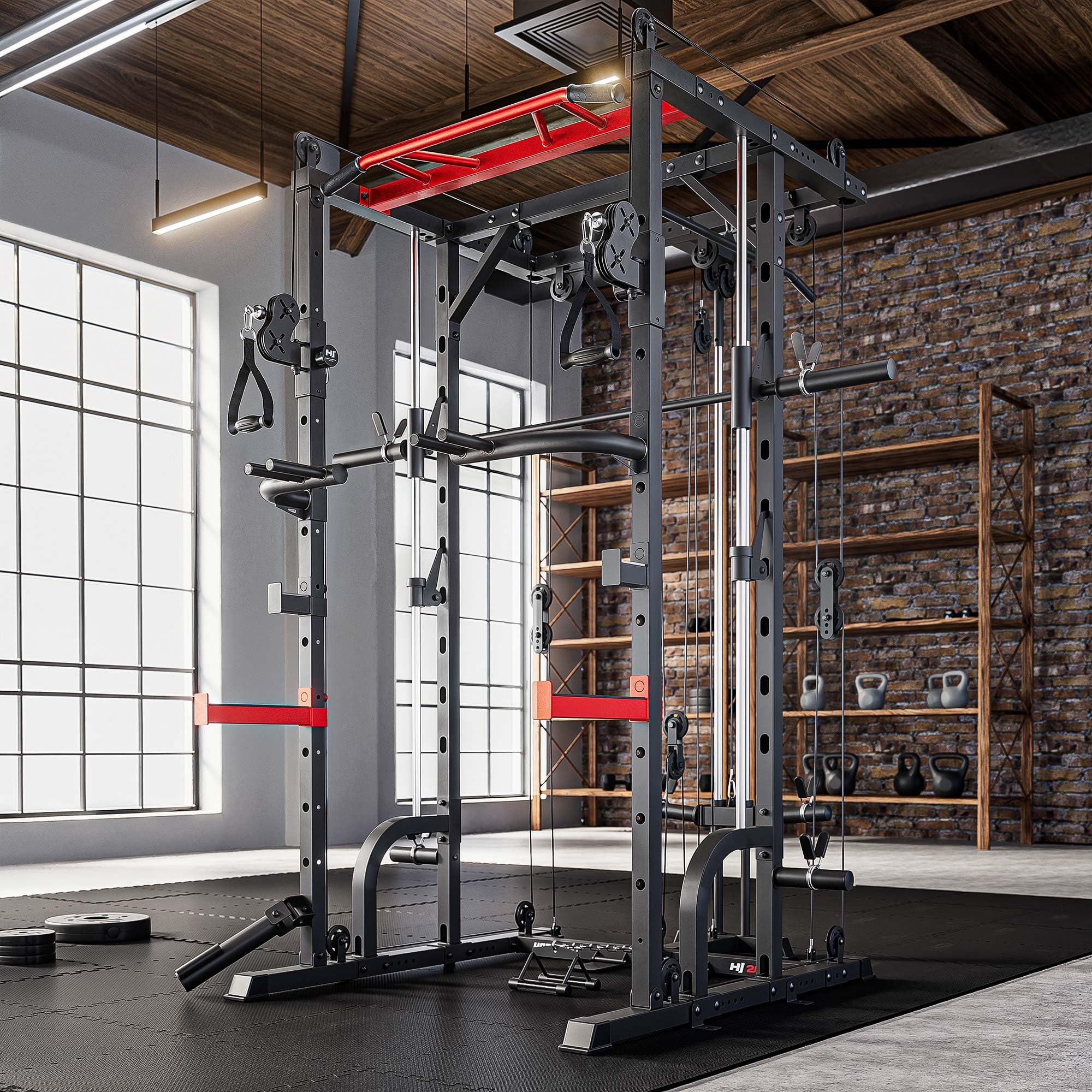 Hop-Sport Power Rack HS-2090K mit Latzug und Smith-Maschine, Power Cage mit Kabelzug, Klimmzugstange, Dip-Barren, Landmine, Multipresse und Sicherheitsablagen, Kraftstation Home Gym