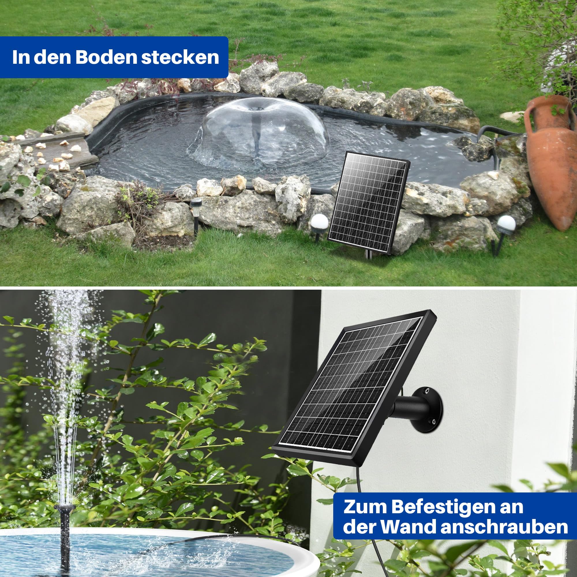 Biling Fontanna solarna 20 W do użytku na zewnątrz z 4 dyszami, 875 l/h, fontanna solarna do użytku na zewnątrz, średnie oczka wodne (5-10 ㎡), cicha pompa do stawu, do ogrodu, na taras, fontannę