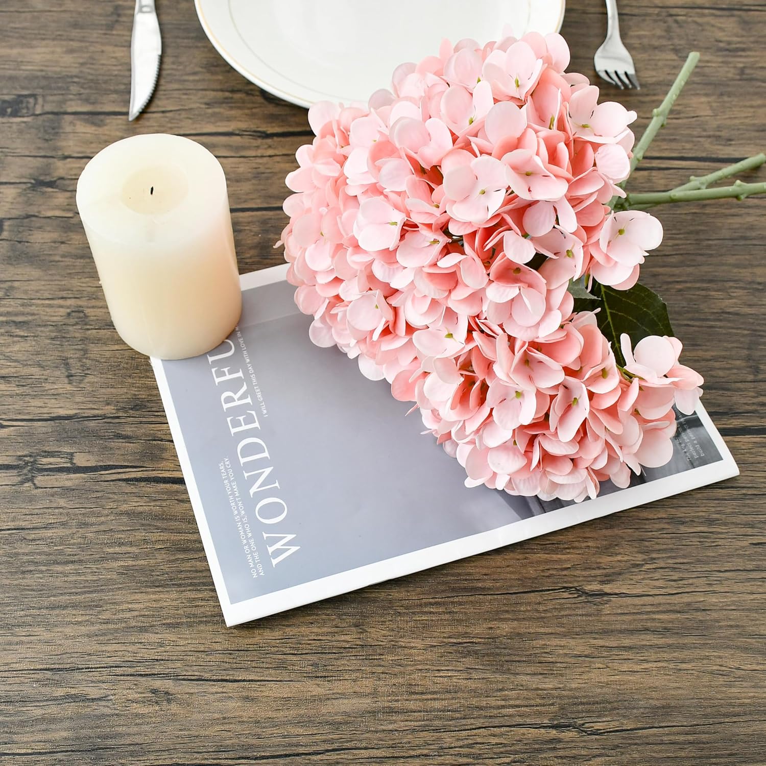 Mandy's 3 Stems Light Pink Artificial Hydrangea Flowers – 13.7” Realistic Silk Bouquet for Centerpieces, Easter Decorations Wedding & Home Decor - Image 3