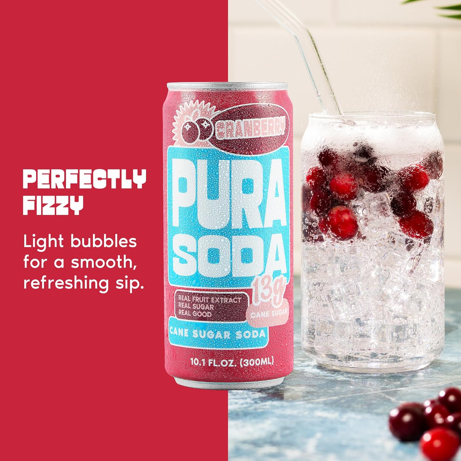 PuraSoda® Cranberry | 65 Calories & 13g Pure Cane Sugar per Can | Non-GMO, Vegan | Made with Pure Cane Sugar, Clean & Refreshing | 10 fl oz (300ml) Cans, Pack of 24