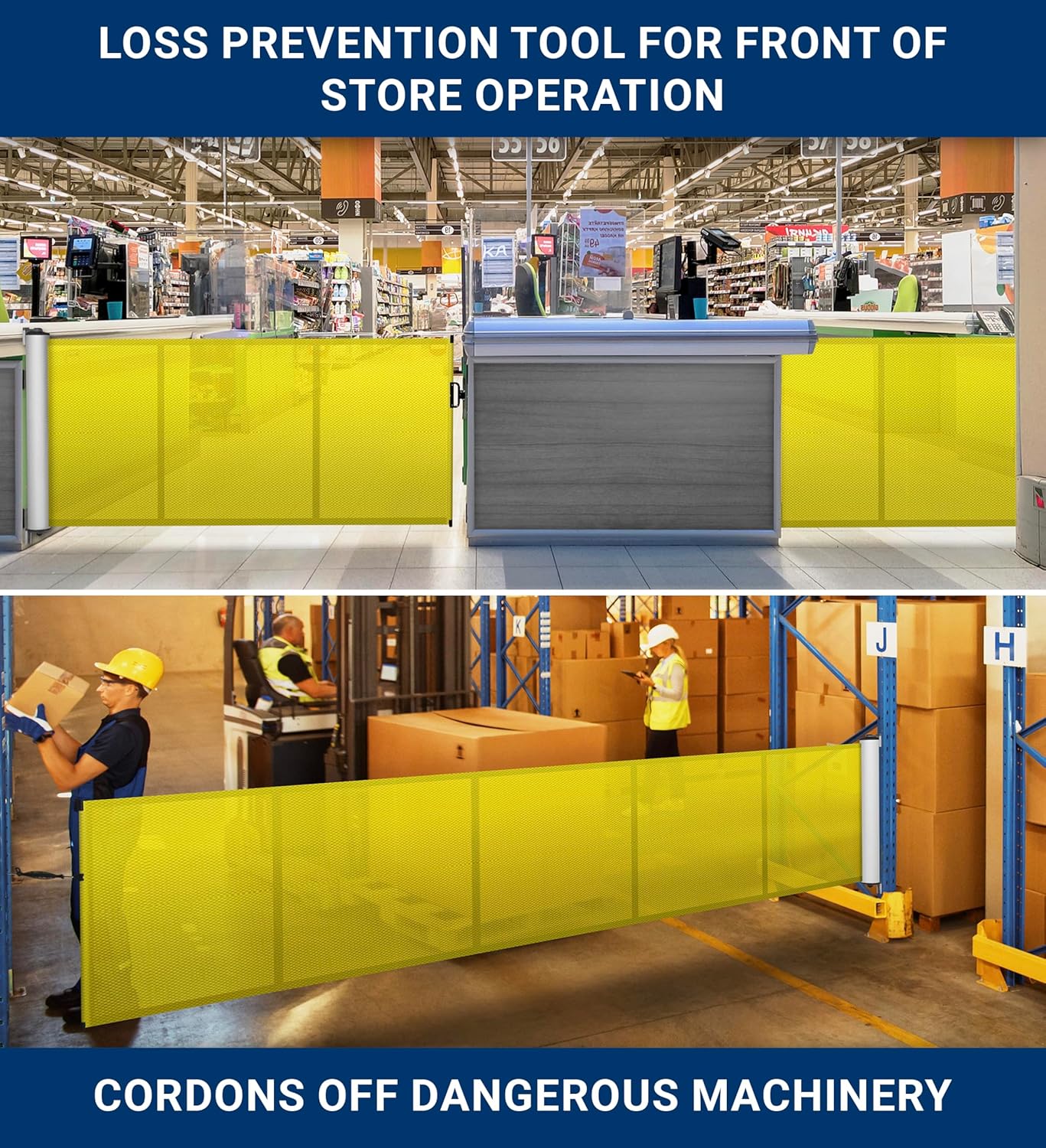 Mounted Safety Barrier for Closing Aisles, Minimizing Workplace Accidents, and Crowd Control – Fully Retractable, Durable, and Easy to Install (Up to 14 ft Coverage) - Mesh Yellow