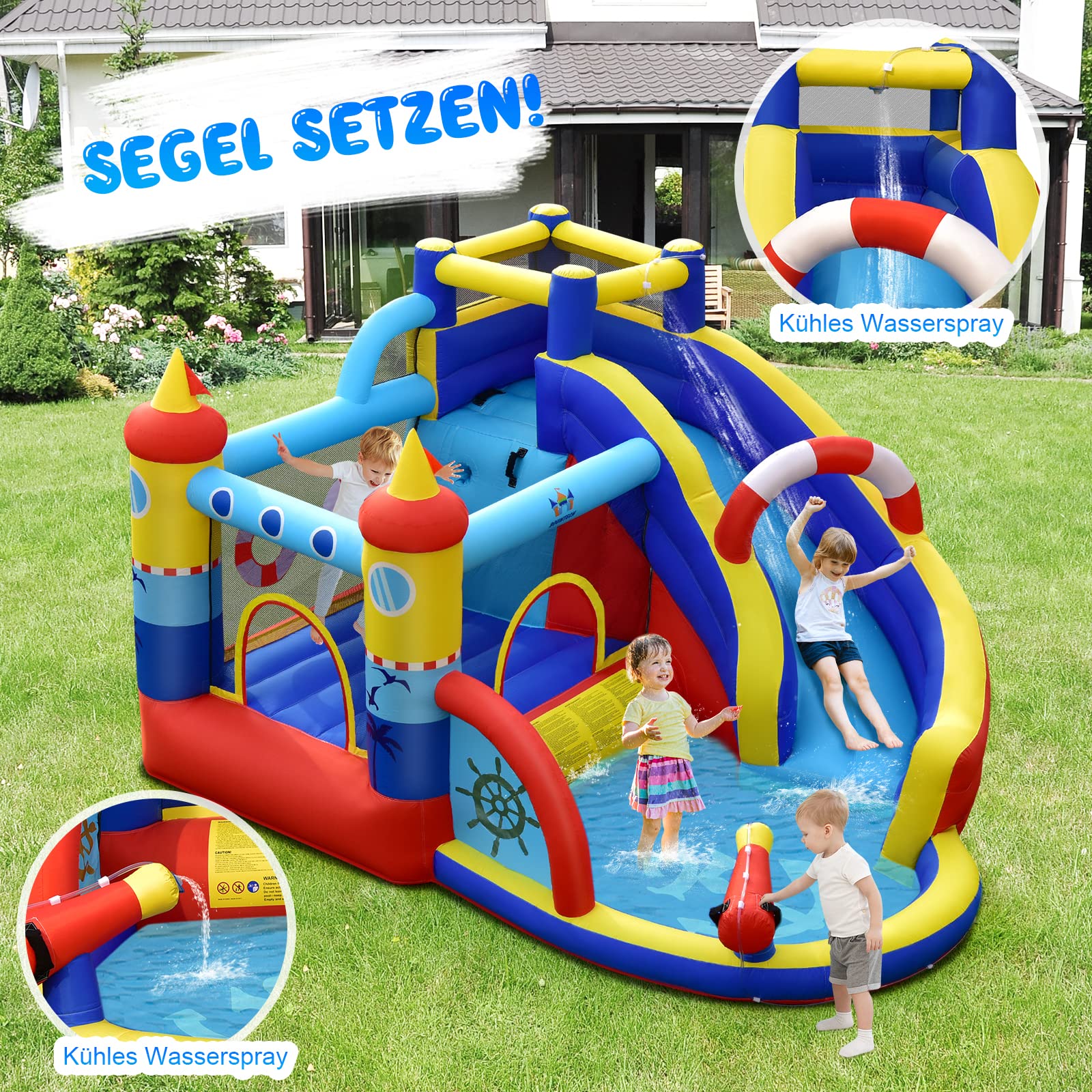 COSTWAY Aufblasbare Hüpfburg, 6-in-1 Wasserpark mit Rutsche, Planschbecken & Wasserkanone, Outdoor Bouncer Hüpfschloss Springburg für Kinder, Garten, 360 x 290 x 200 cm