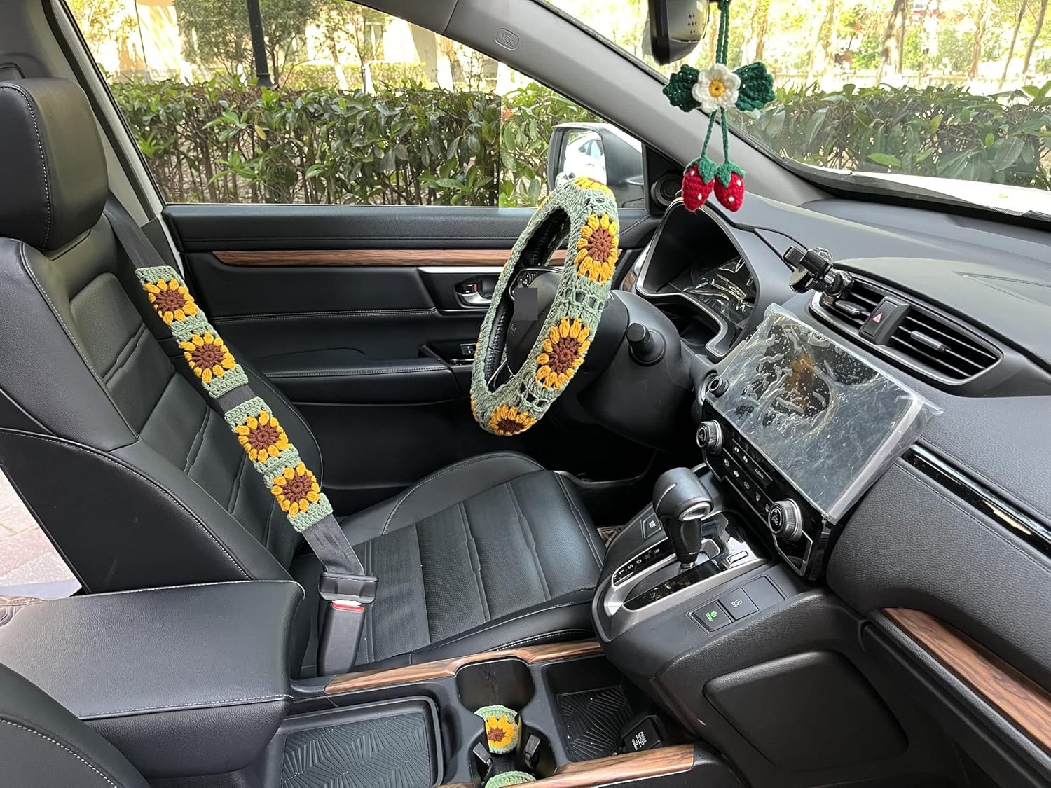 Handmade Crochet Sunflower Flower Car Steering Wheel Covers Universal 14-15 inch for Women and Men (Wheel Covers+2belt Covers+2Car Coasters+Strawberry)