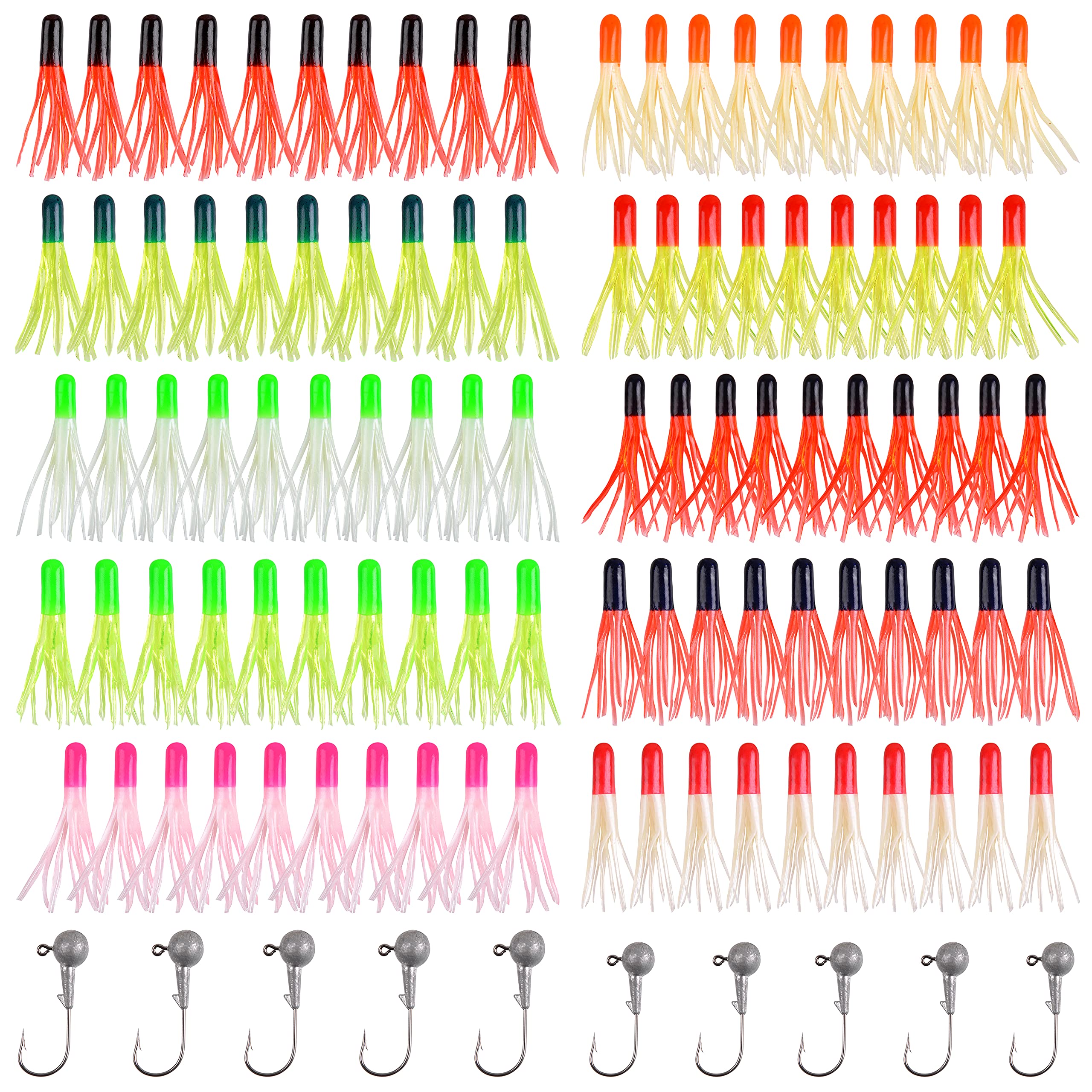 Grub Lures Fishing Jigs Head Hooks Kit,Crappie Jigs Fishing Lures Kit Soft Plastic Grub Tail Worm Lure Bait for Bass Trout Saltwater Freshwater Fishing