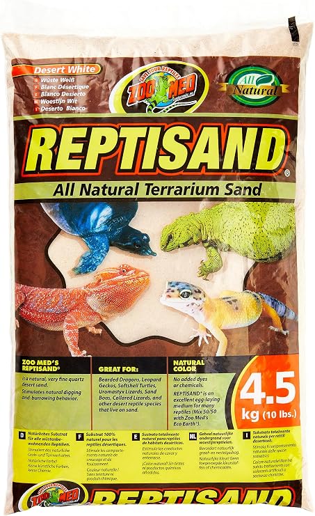 Zoo Med ReptiSand, 10 Pounds, Desert White | Natural, For Bearded Dragons, Leopard Geckos & Desert Species, Chemical-Free, Ideal for Digging, Burrowing & Egg Laying
