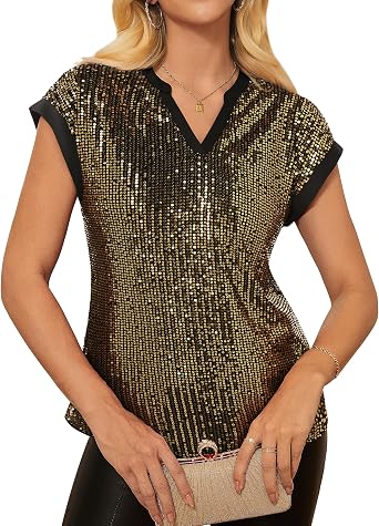 GRACE KARIN Women's Sequin Sparkly Tops Cap Sleeve Dressy Blouses Glitter Party Tops V Neck Disco Shirts Club Concert Outfits