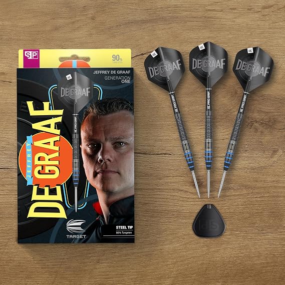 Target Darts Jeffrey de Graaf Gen 1 Steel Tip Swiss Point Darts, 90% Tungsten, 23G | Black Steel Tip Darts, Player Edition Swiss Points Dart Sets