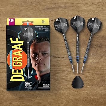 Target Darts Jeffrey de Graaf Gen 1 Steel Tip Swiss Point Darts, 90% Tungsten, 23G | Black Steel Tip Darts, Player Edition Swiss Points Dart Sets