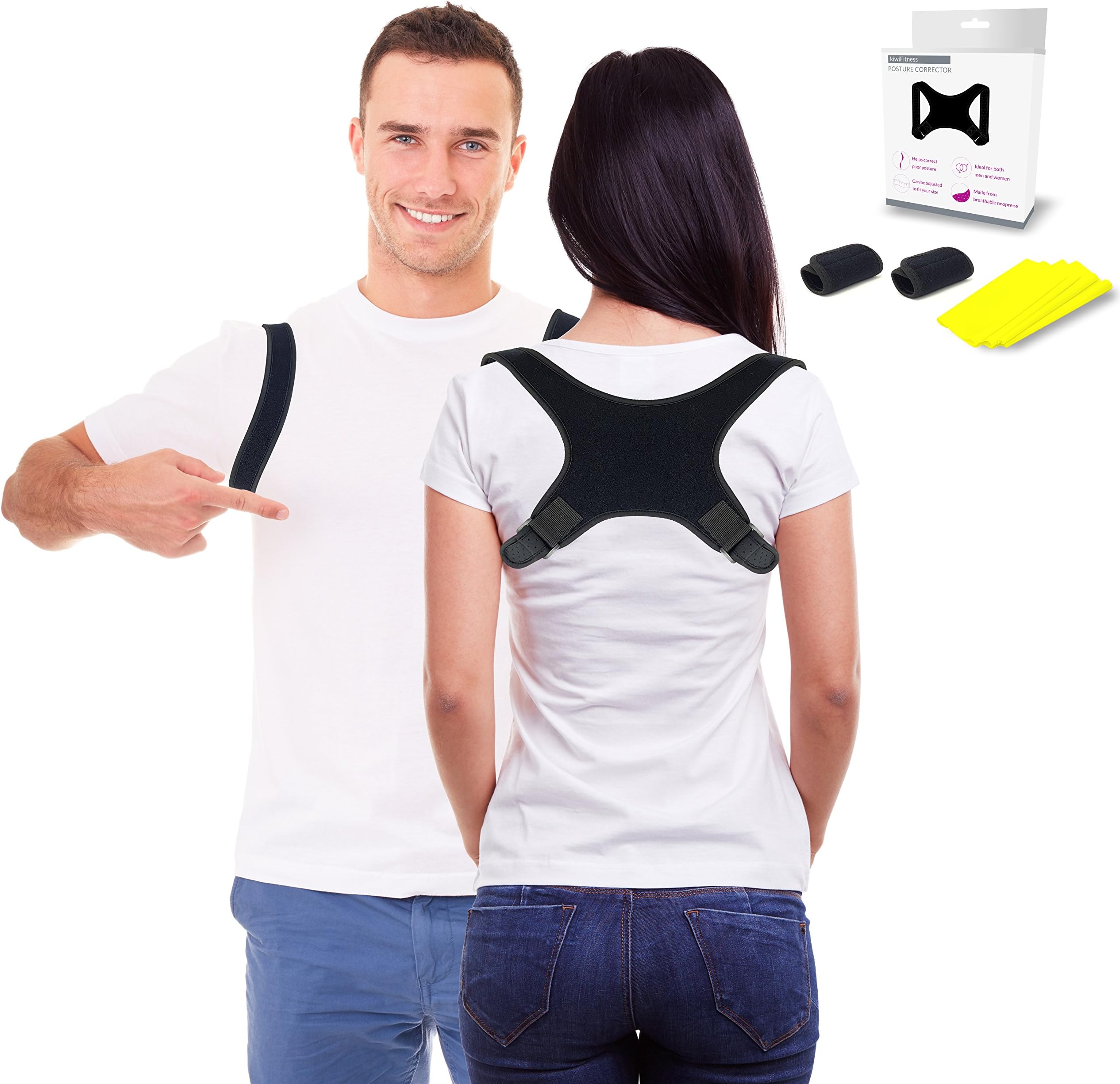Adjustable Posture Corrector + Resistance Band Set For Men & Women By kiwiFitness | Upper Back, Shoulder Blade & Clavicle Support | Prevent Slouching & Rounded Shoulders