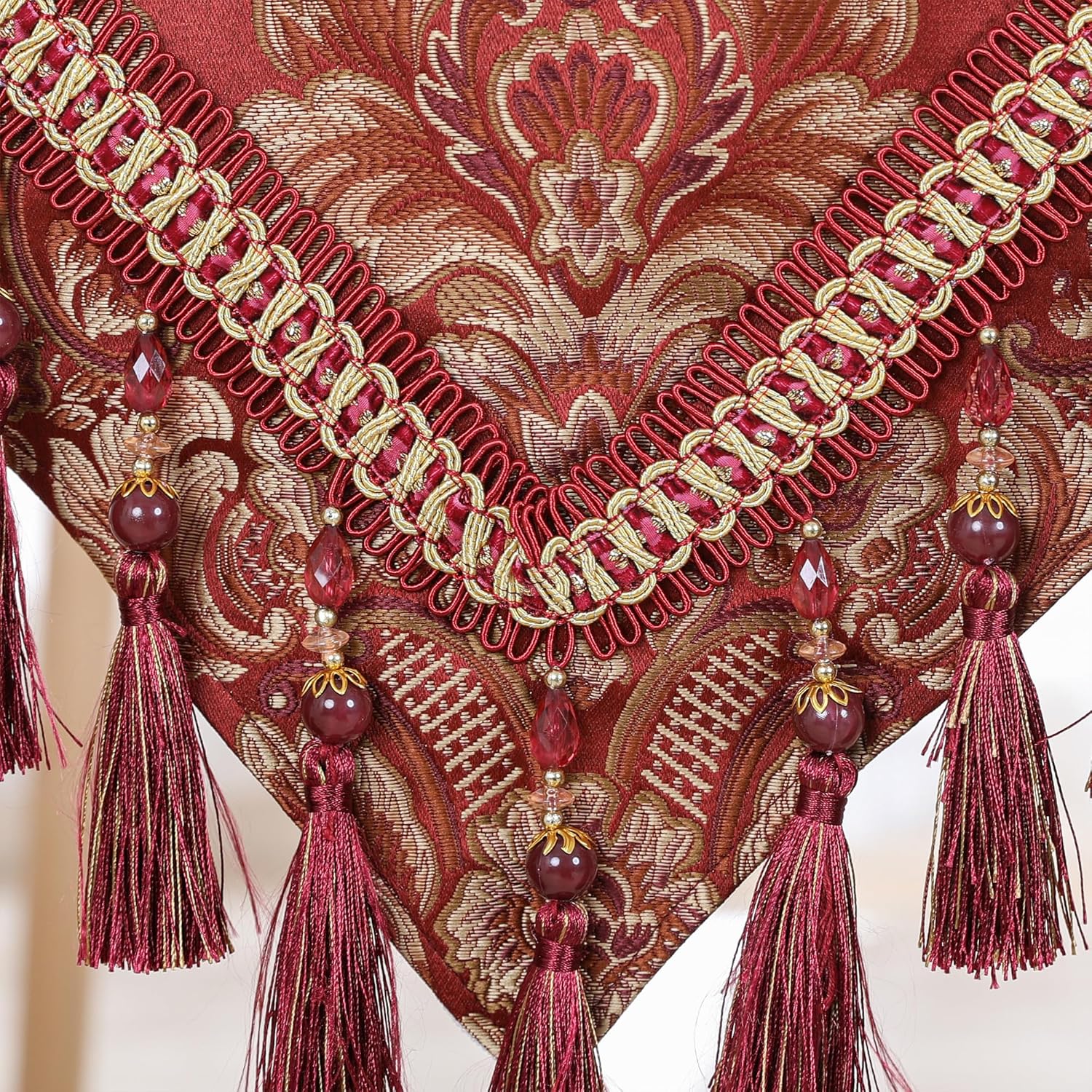 Luxury Vintage Table Runner Embroidery Jacquard Fabric with Multi-Tassels Table Runners for Dining Room Dresser Wedding Holiday Party Fireplace Decorations-Burgundy, 13x70 inch