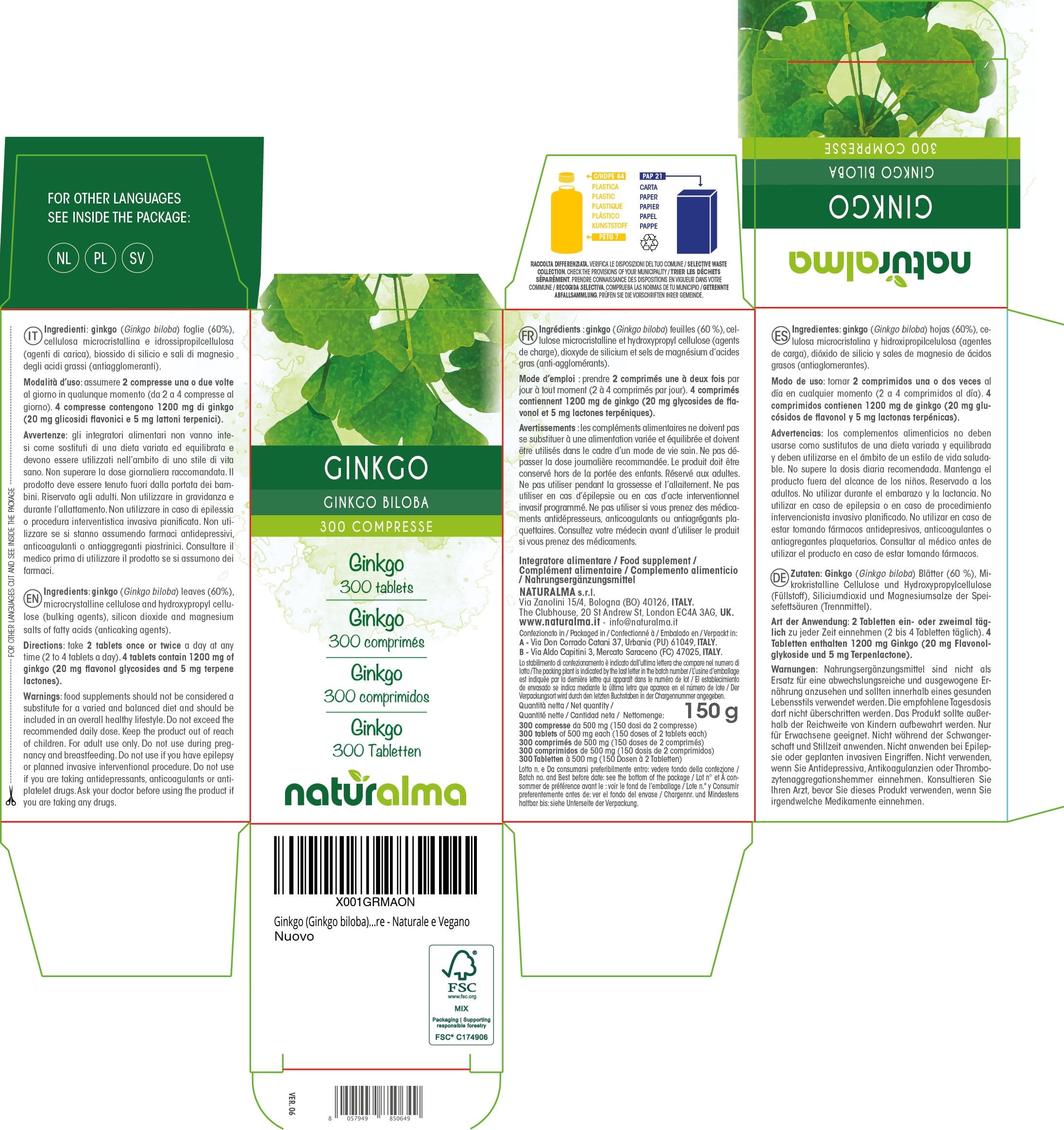 Ginkgo (Ginkgo biloba) foglie Naturalma - 150 g - 300 compresse - Integratore alimentare - Naturale e Vegano