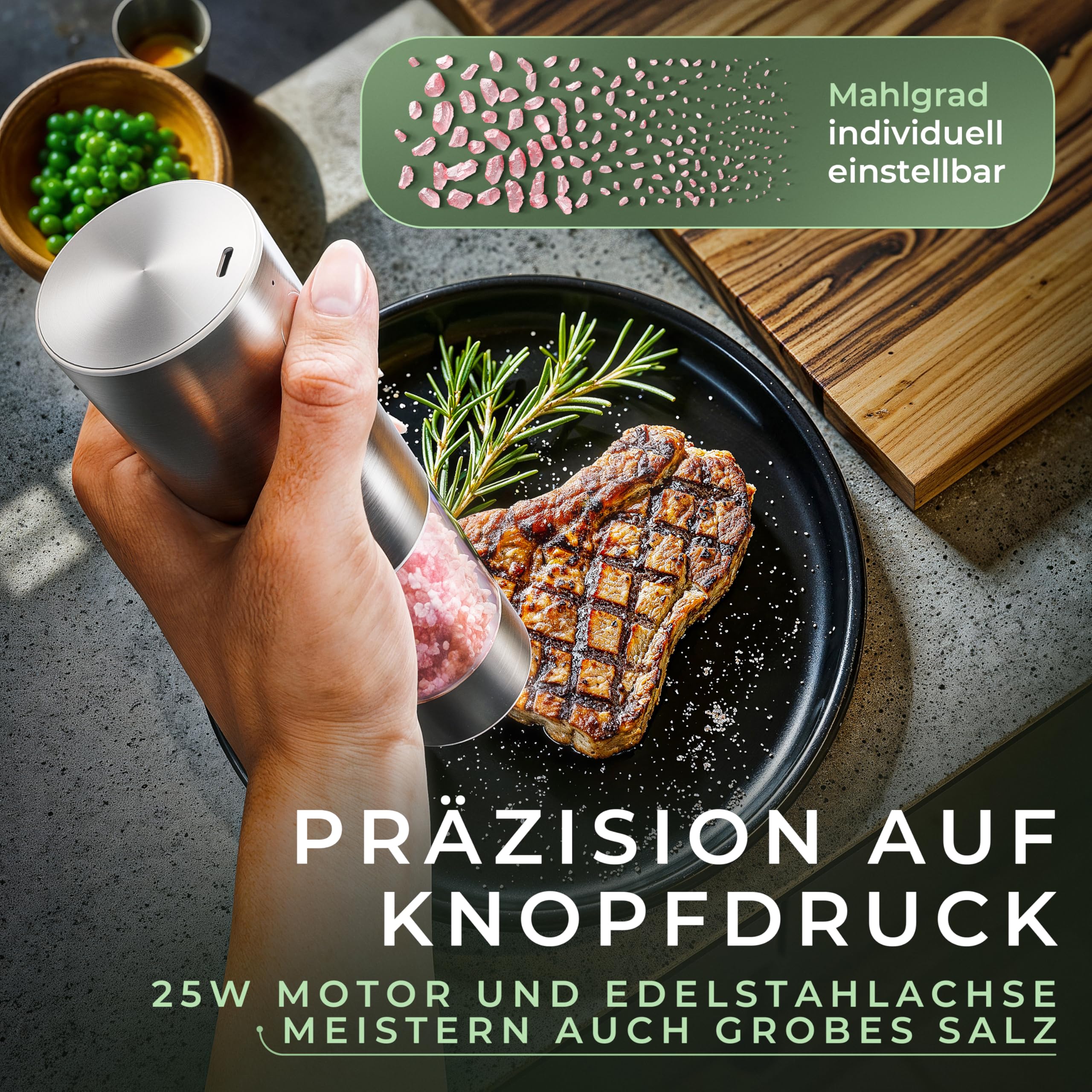 WALDWERK Elektrische Salz- und Pfeffermühle (300 mAh Akku) - Edle Akazie-Halterung - Elektrische Mühle für Salz und Pfeffer