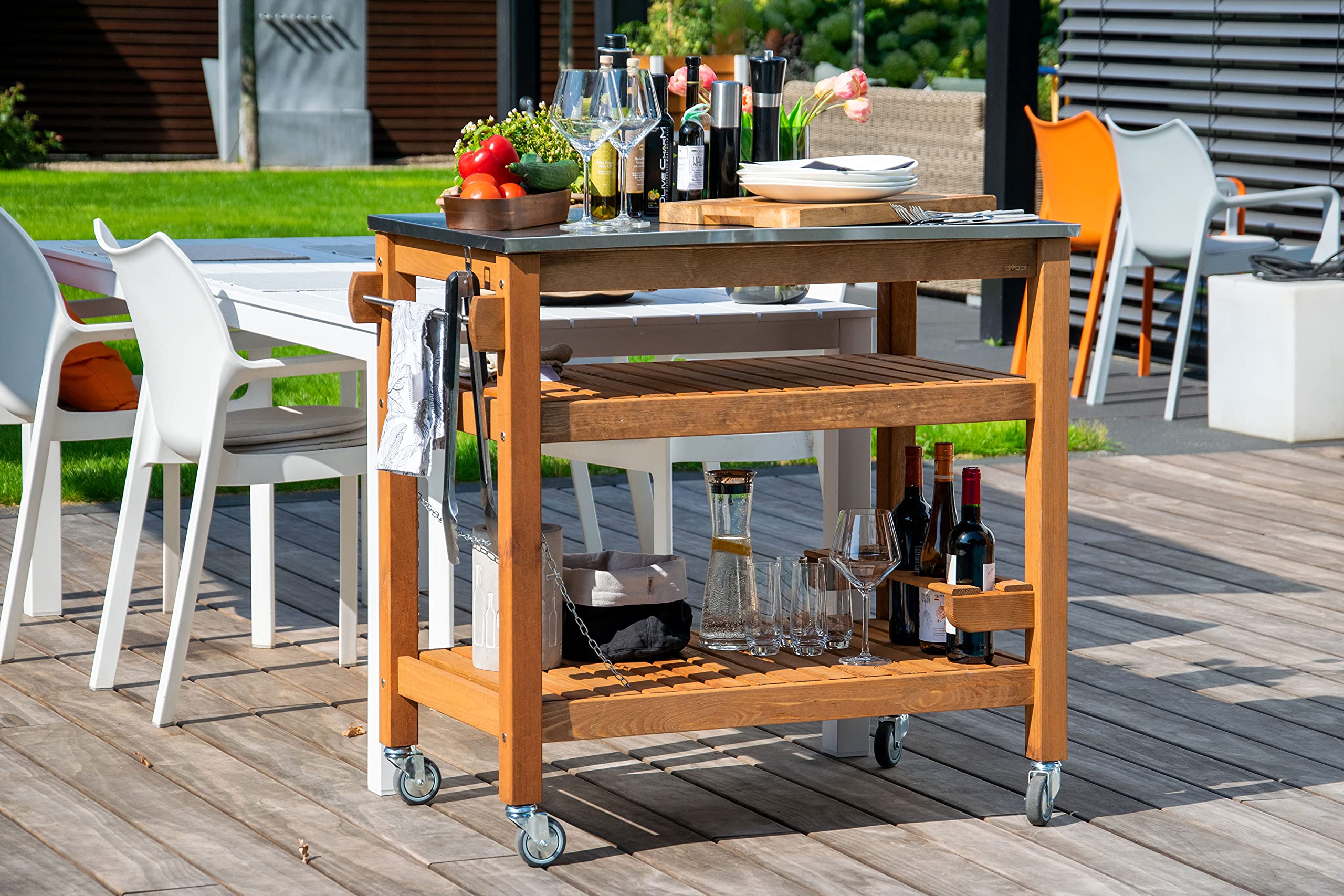 dobar® 35540FSCe Tavolo multifunzione con carrello arrotolabile legno massiccio piastra acciaio inox 94x58x90 cm Marrone