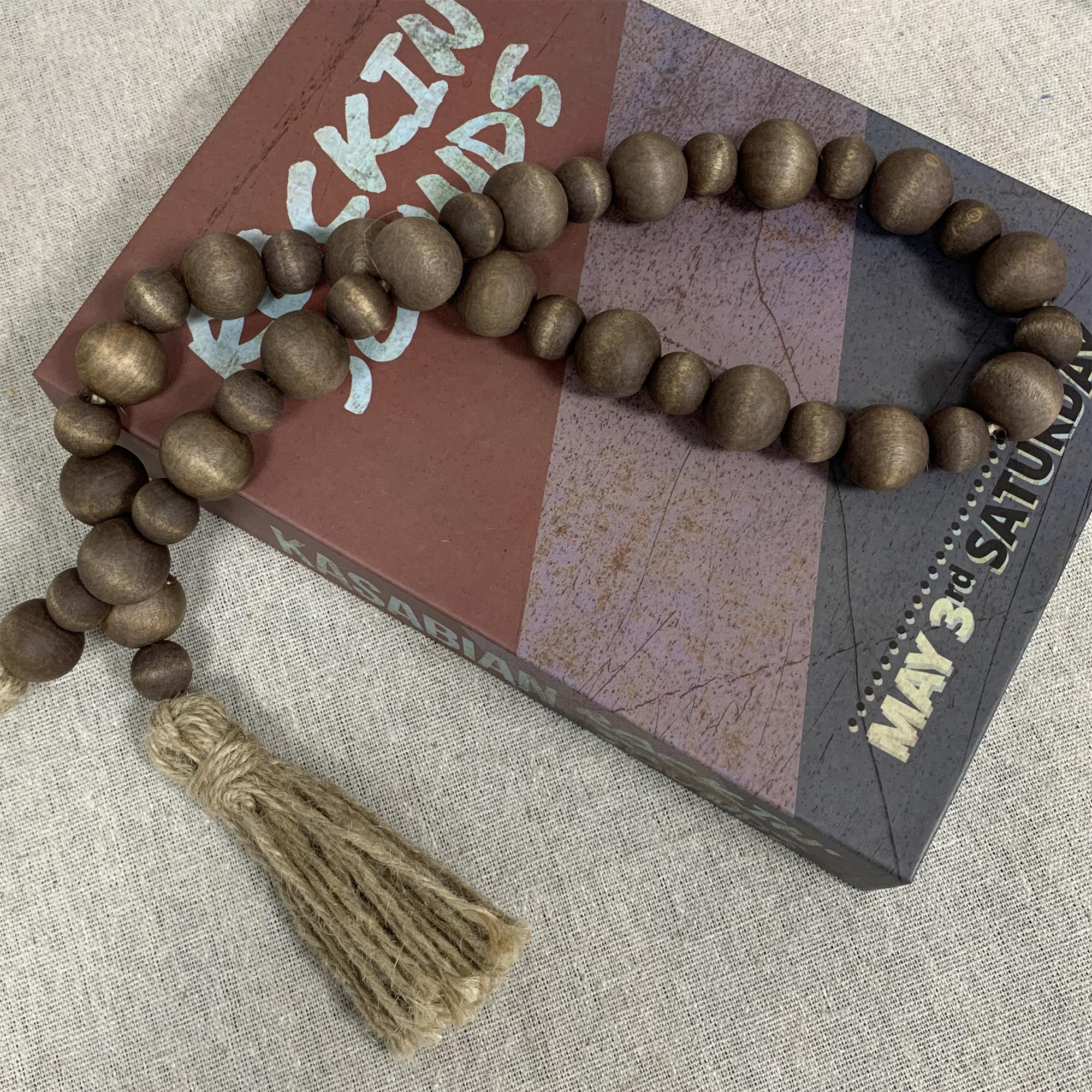 Handcrafted Farmhouse Wooden Decorative Beads Garland, Table Tray Boho Wood Beads with Tassel, Small Rustic Antique Decor for Home and Events (Dark