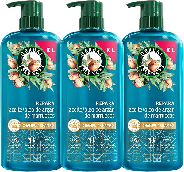 Herbal Essences Champú Reparador, Aceite Argán Marruecos, 3x 650ml, Pelo Dañado, Nutrición Intensa, Pelo Suave Sedoso, Sin Siliconas, Vegano - 1