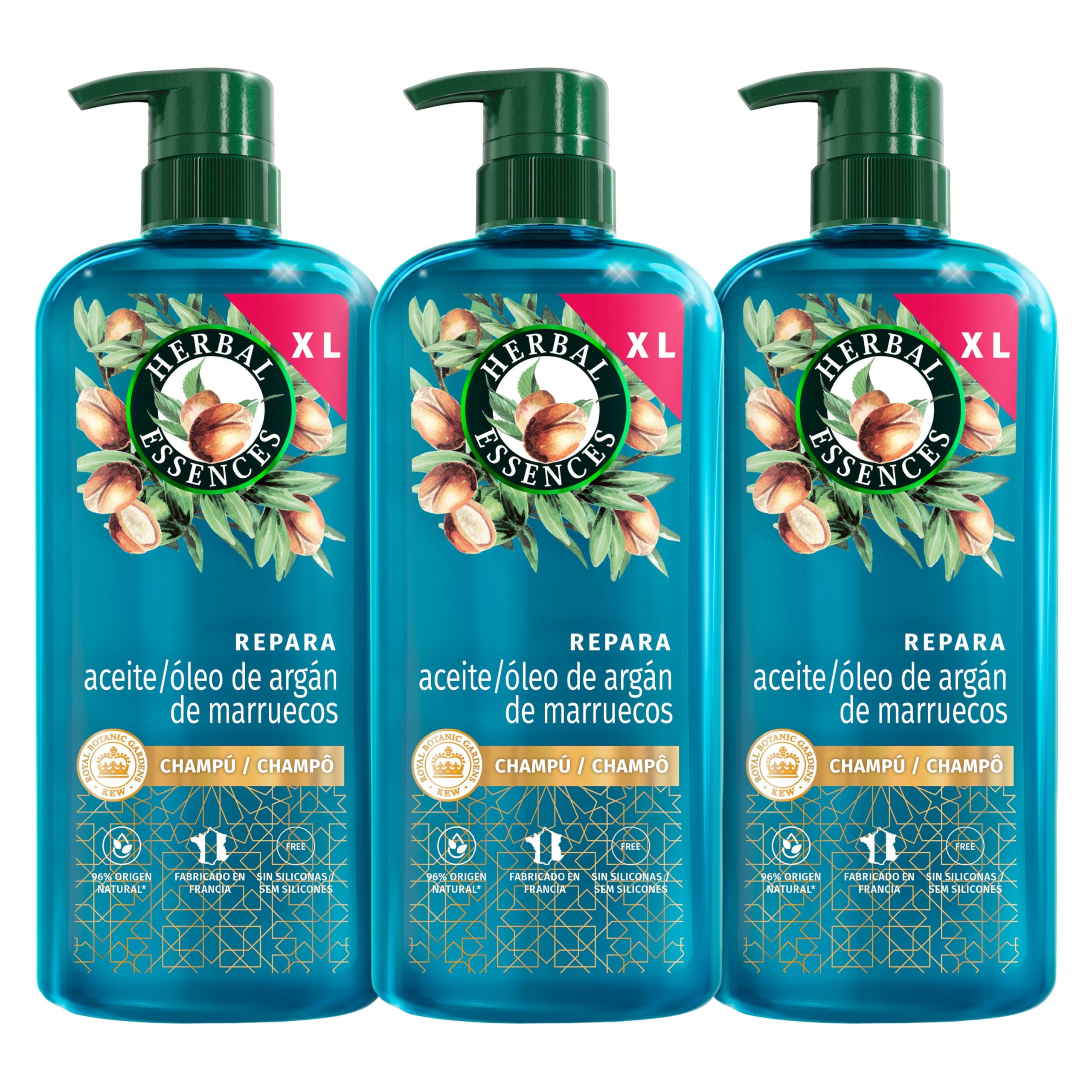 Herbal Essences Champú Reparador, Aceite Argán Marruecos, 3x 650ml, Pelo Dañado, Nutrición Intensa, Pelo Suave Sedoso, Sin Siliconas, Vegano