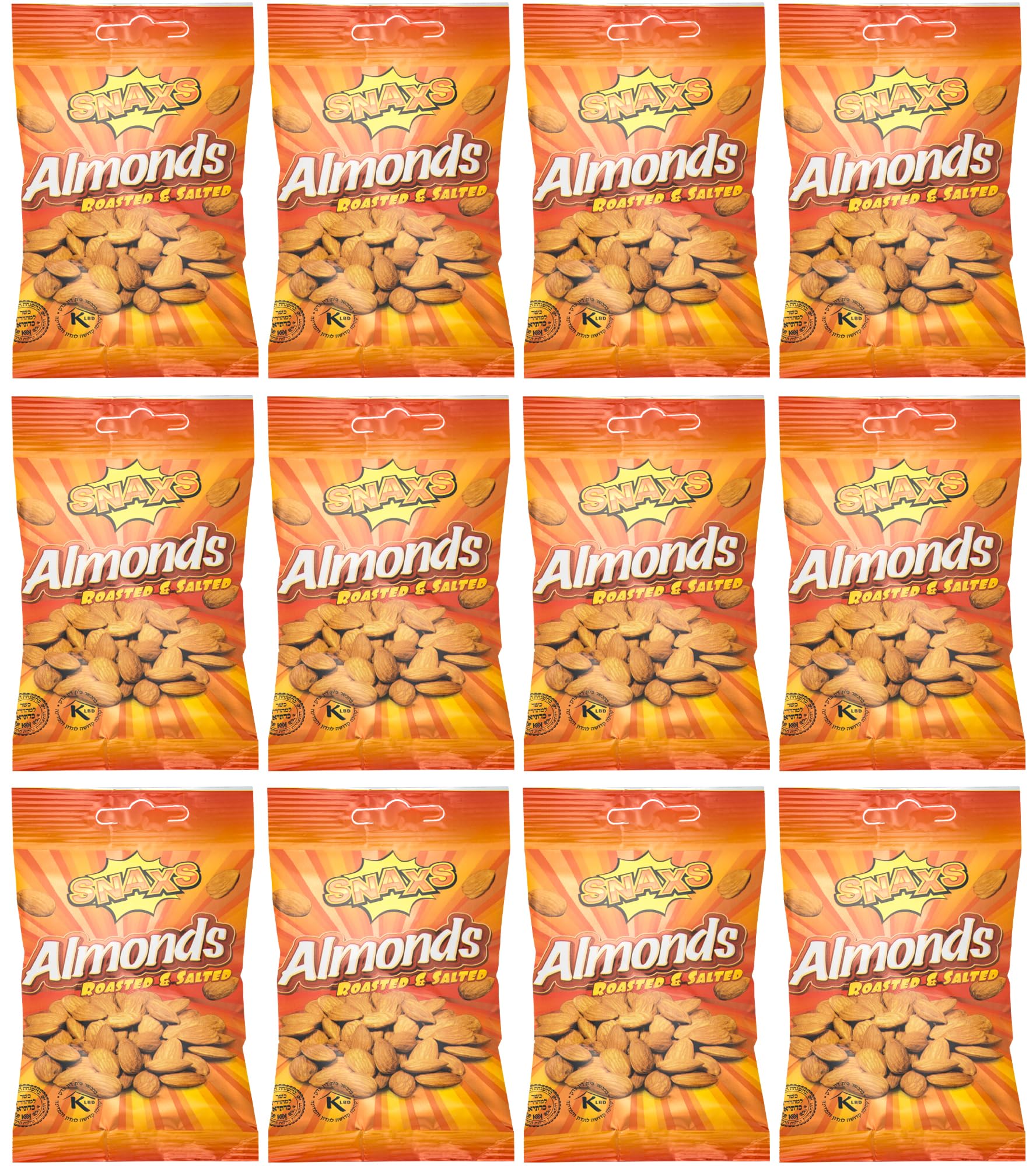 Snaxs Roasted Almond Nuts 12 x 40g - Salted Nuts with Fibre, Protein, and Minerals - Crunchy Kosher Almonds Ideal for Snacking and Baking