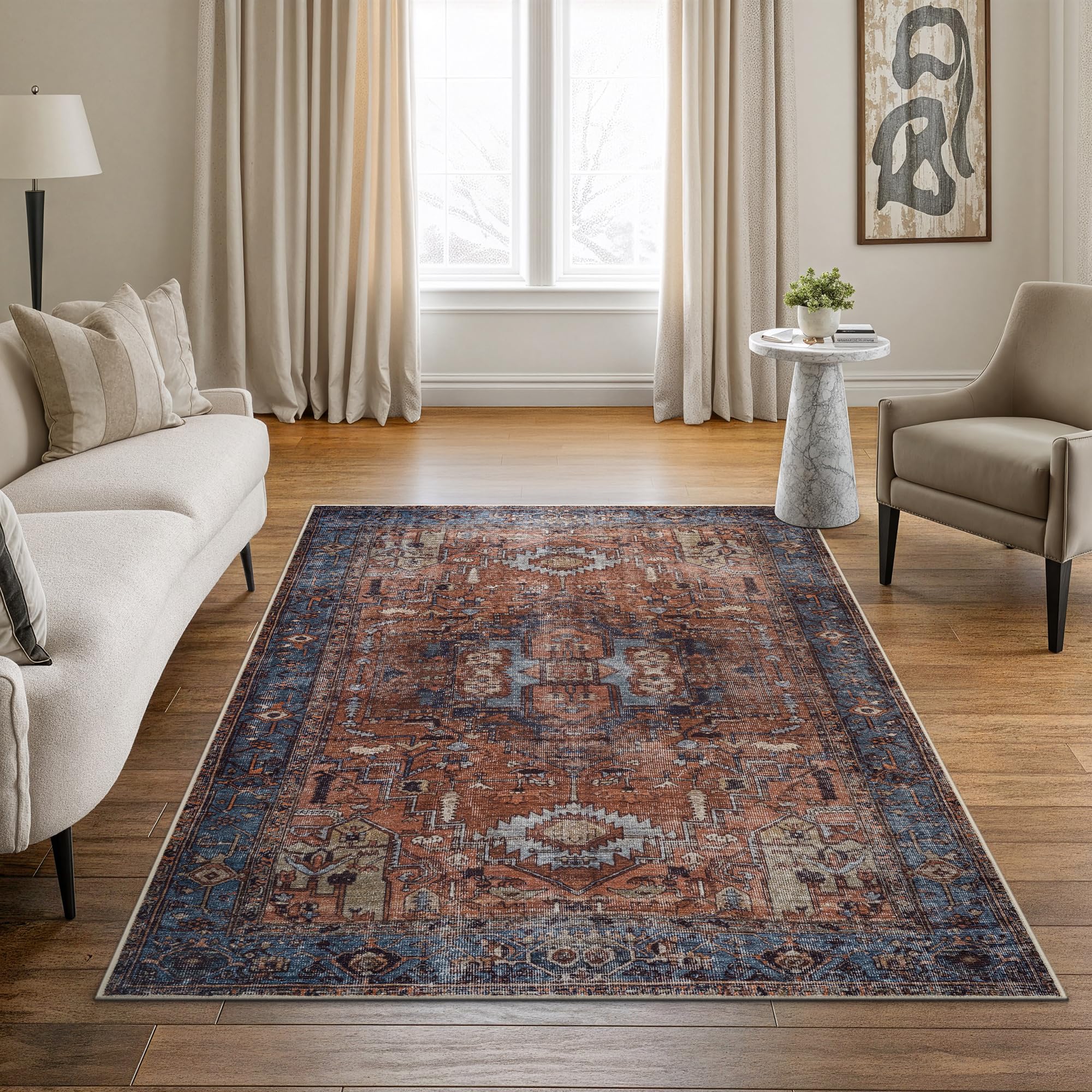 Bloom Rugs Washable 5' x 7' Rug - Terracotta/Blue Traditional Area Rug for Living Room, Bedroom, Dining Room, and Kitchen - Exact Size: 5' x 7'