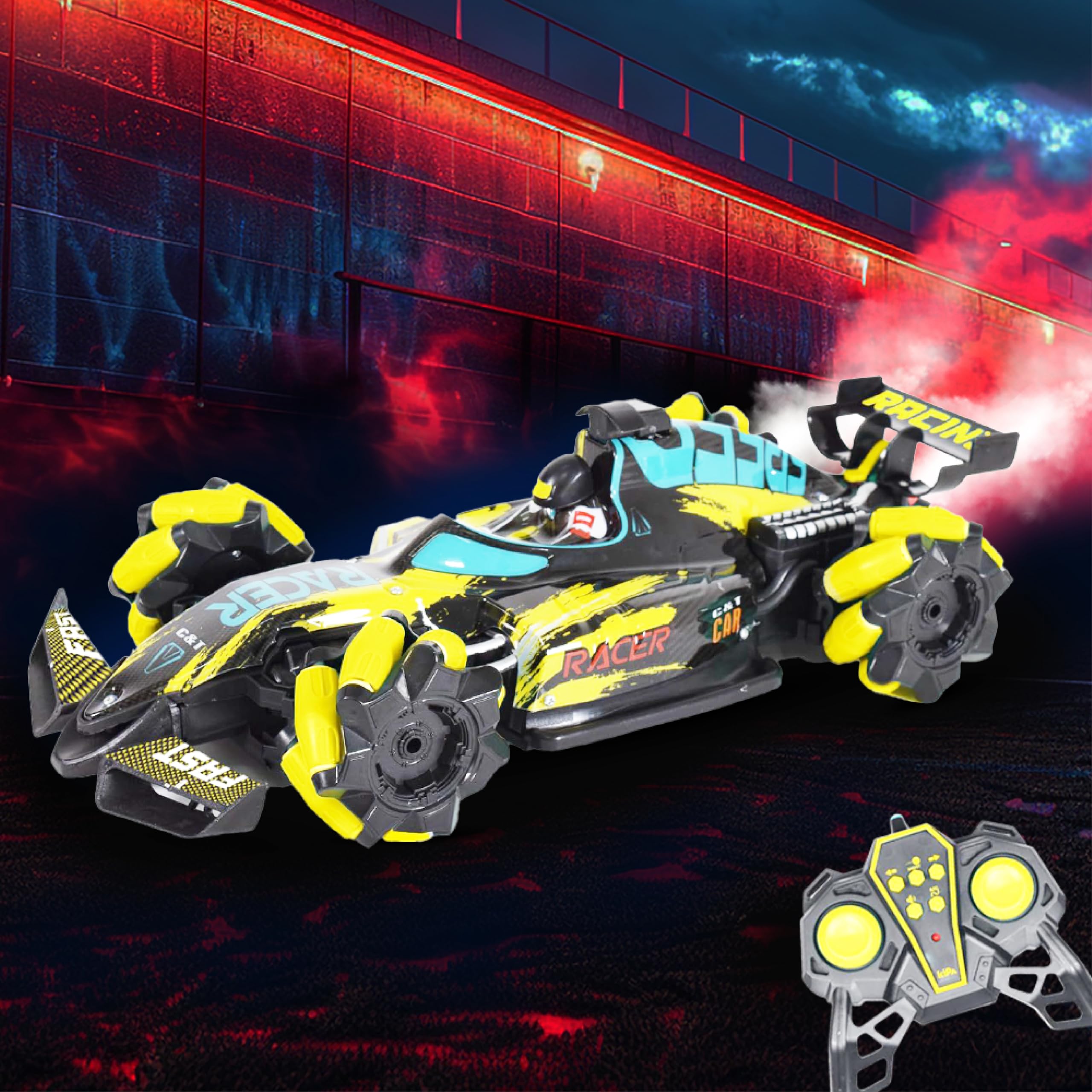 ToyMagic Rechargeable Radiant Drift Stunt RC Car|4WD Remote Control Smoke Car with LED|2.4Ghz 1:14 Scale High Speed Car|60 Ft Remote Range Birthday Gifts Car Toy for 5+ Year Old Kids-Yellow