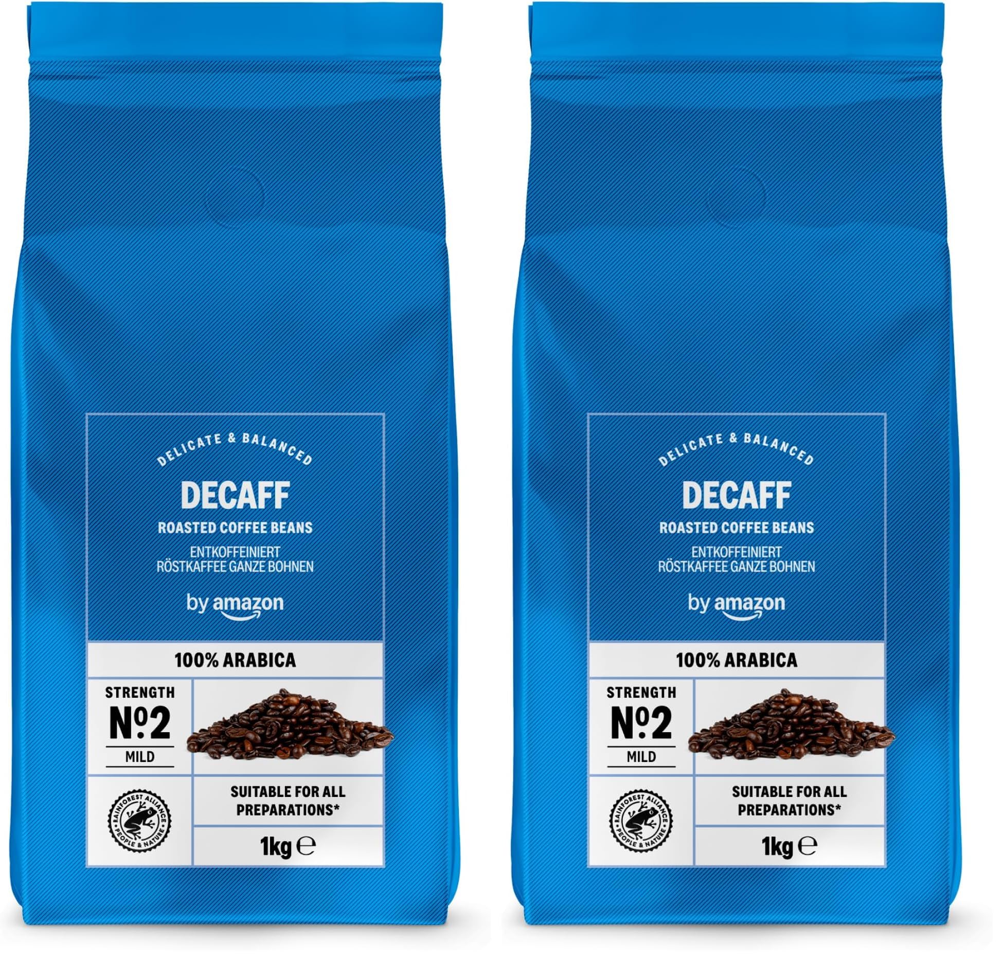 by Amazon Decaff 100% Arabica Intensità 2 - Delicato, Caffè Torrefatto In Grani Decaffeinato, 1kg (Confezione da 2)
