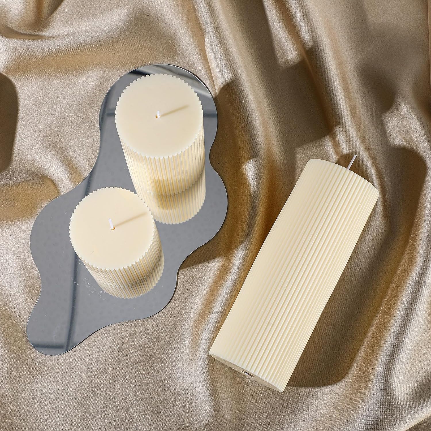 Conelist Ribbed Pillar Candles Set of 3, Width 3" High 4" 6" 8" Large Soy Wax Orchids Scented Pillar Candles Aesthetic Ribbed Modern Home Decor for Bathroom Living Room(Cream)