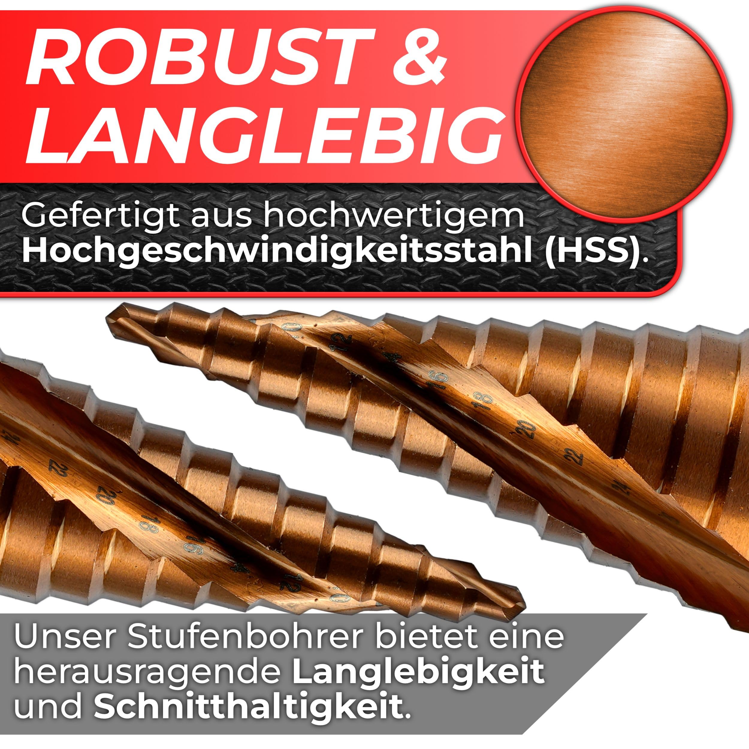 Woltersberger® Set di 3 punte a gradini HSS Powerline Spiral, punte coniche Ø 4 – 32 mm, 4 – 20 mm, 4 – 12 mm, per fori puliti, per pelapatate in metallo, alluminio e acciaio inox
