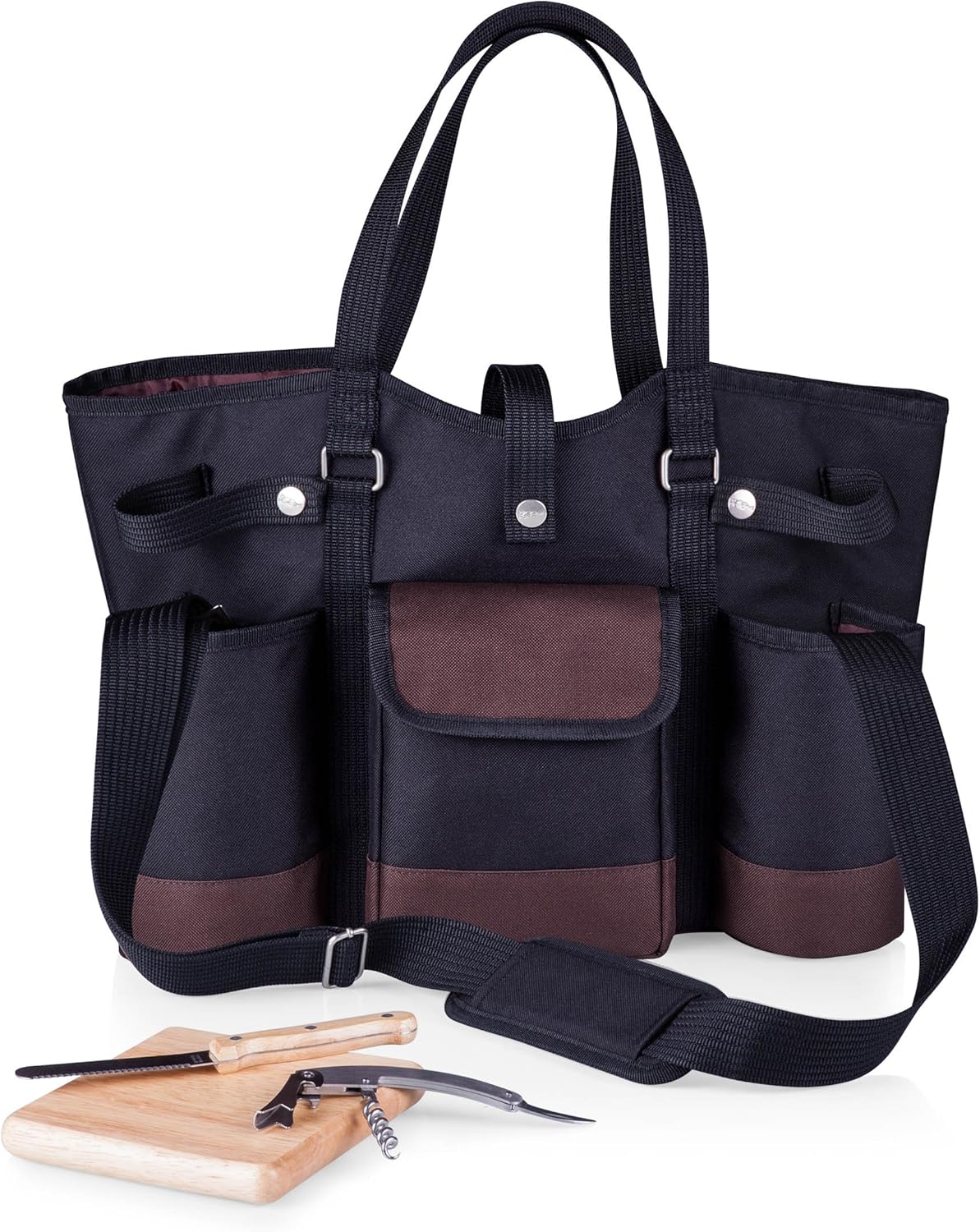 LEGACY - a Picnic Time brand Wine Country Tote with Cheese Board, Wine & Cheese Picnic Tote, Insulated Wine Carrier Bag, (Black with Burgundy Accents), 24 x 15 x 5