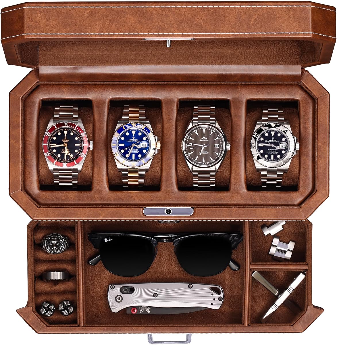 Caja de reloj de cuero ROTHWELL de 4 ranuras con cajón para valet - Organizador de joyas de exhibición de estuche de lujo, soporte de exhibición de bloqueo con tapa de vidrio real - Organizador de caja de reloj para hombres y mujeres (bronceado)