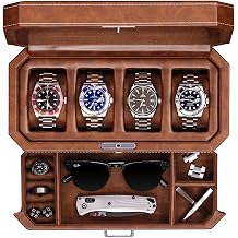 ROTHWELL 4 Slot Leather Watch Box with Valet Drawer - Luxury Case Display Jewelry Organizer, Locking Display Case Holder with Real Glass Top - Watch Box Organizer for Men &amp; Women (Tan)